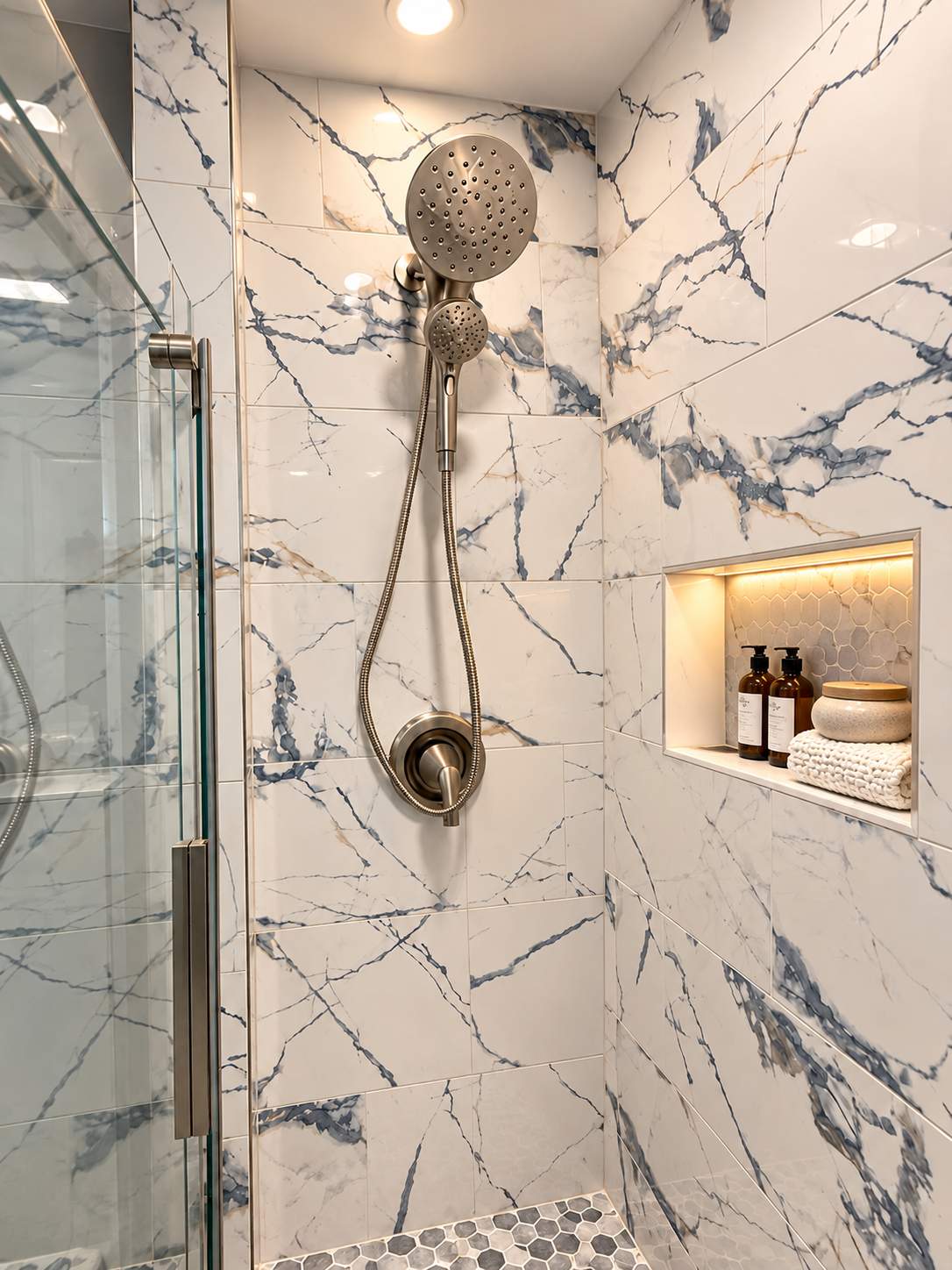 Modern Spa-Inspired Bathroom Remodel with Marble-Look Walk-In Shower by Remodel Now