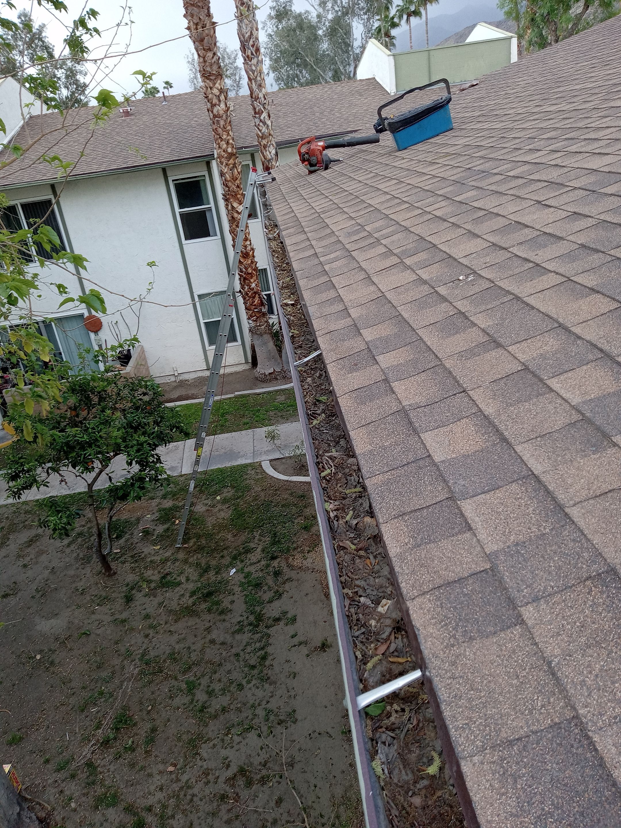 Commercial gutter cleaning Palm Springs & Coachella Valley, CA before photo with filled gutters
