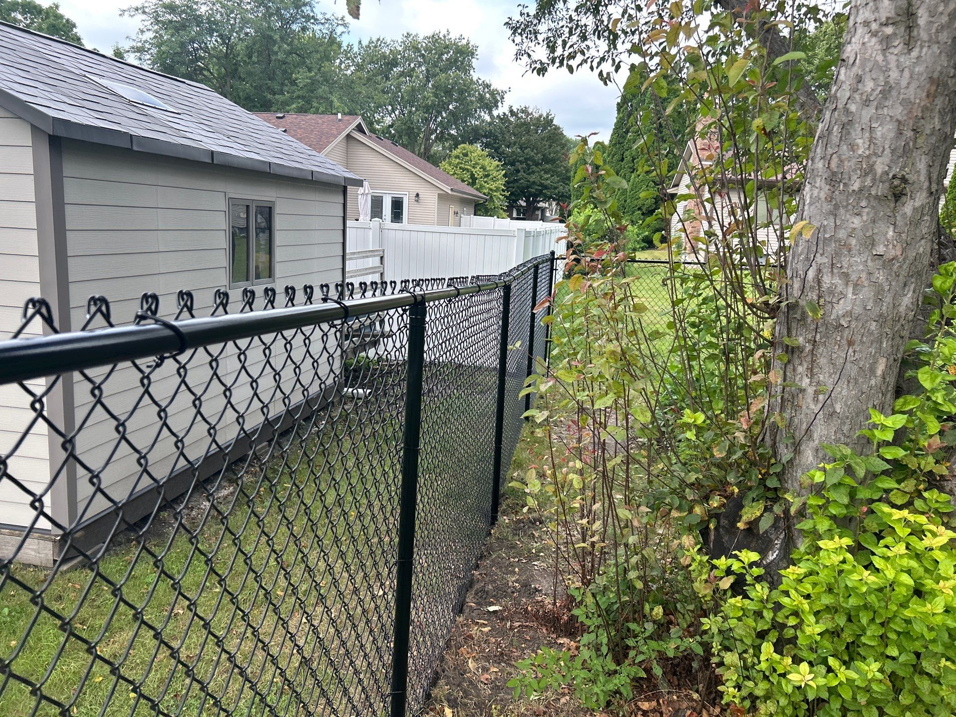 Black Vinyl Coated Chain Link Fence Installation in Waterloo by Perfect Picket Fence and Stain
