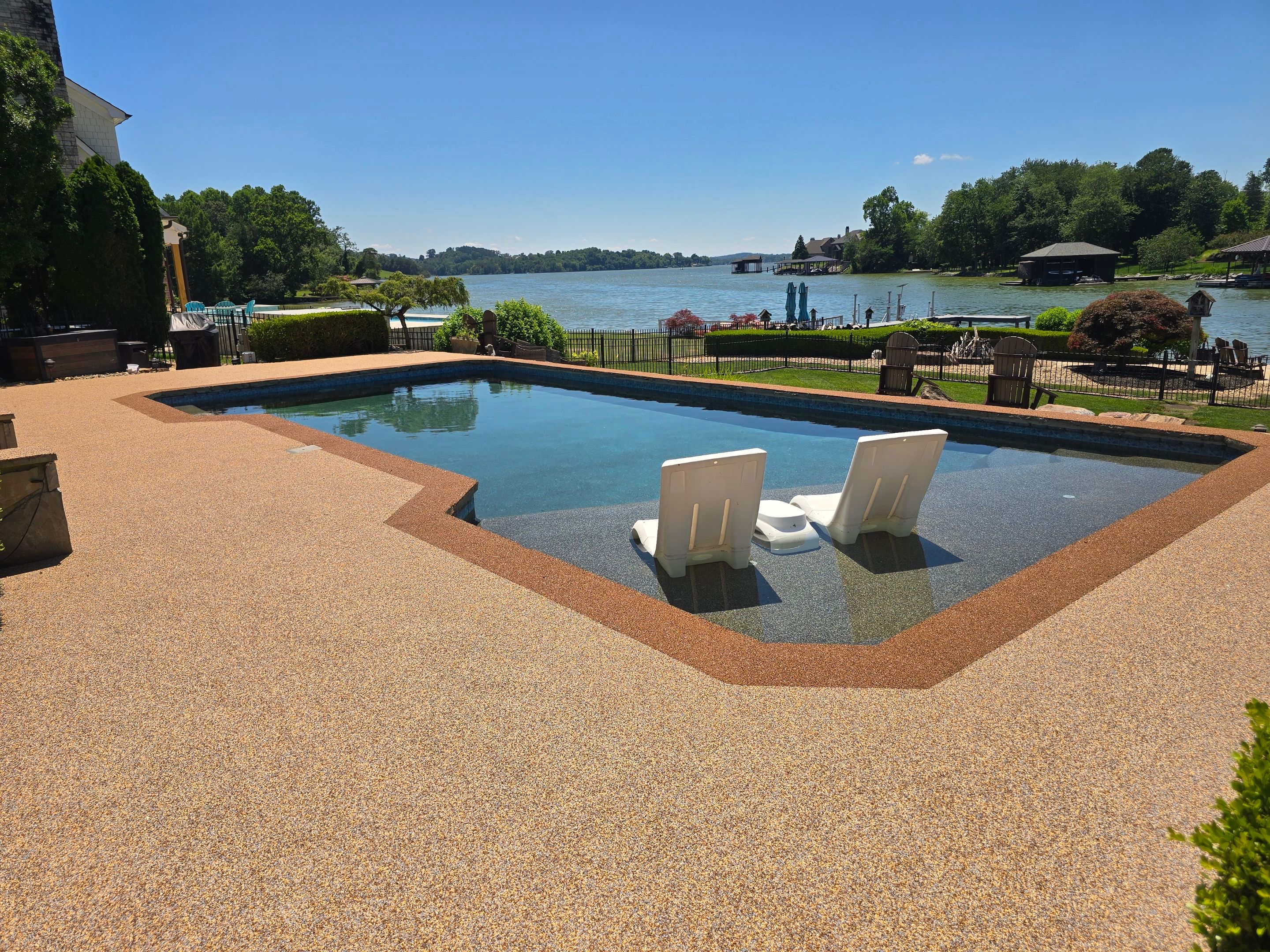 Lakeside Pool Resurface — Sandstone Rubaroc® with Medium Brown Border by Elite Floor Solutions