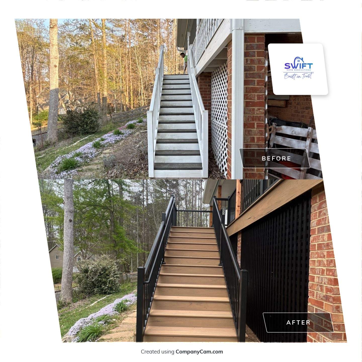 Composite Deck and Porch Renovation With Black Metal Railings by Swift Home Renovations 
