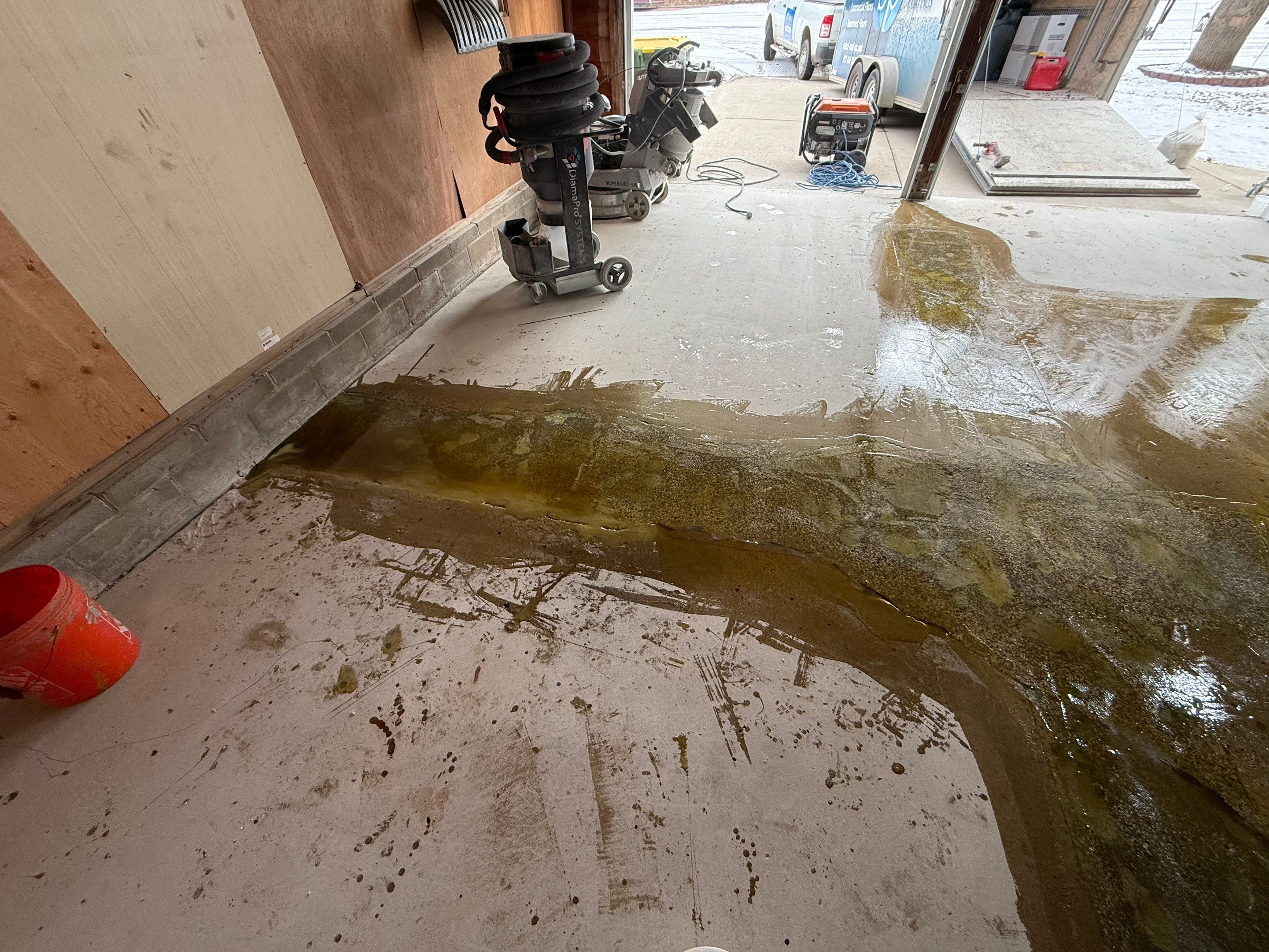 Multi-Colored Epoxy Garage Floor Coating and Concrete Stair Restoration by Select Painting, Coatings & Garage Cabinets