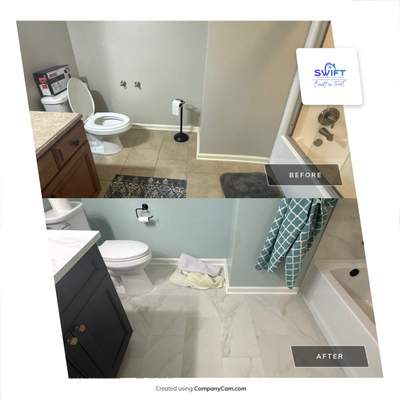 Modern Bathroom Transformation With Marble Patterned Tile in Powder Springs