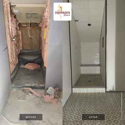 Kids Bathroom Shower using Large Porceline Subway Tile + Mosaic Floor Tile