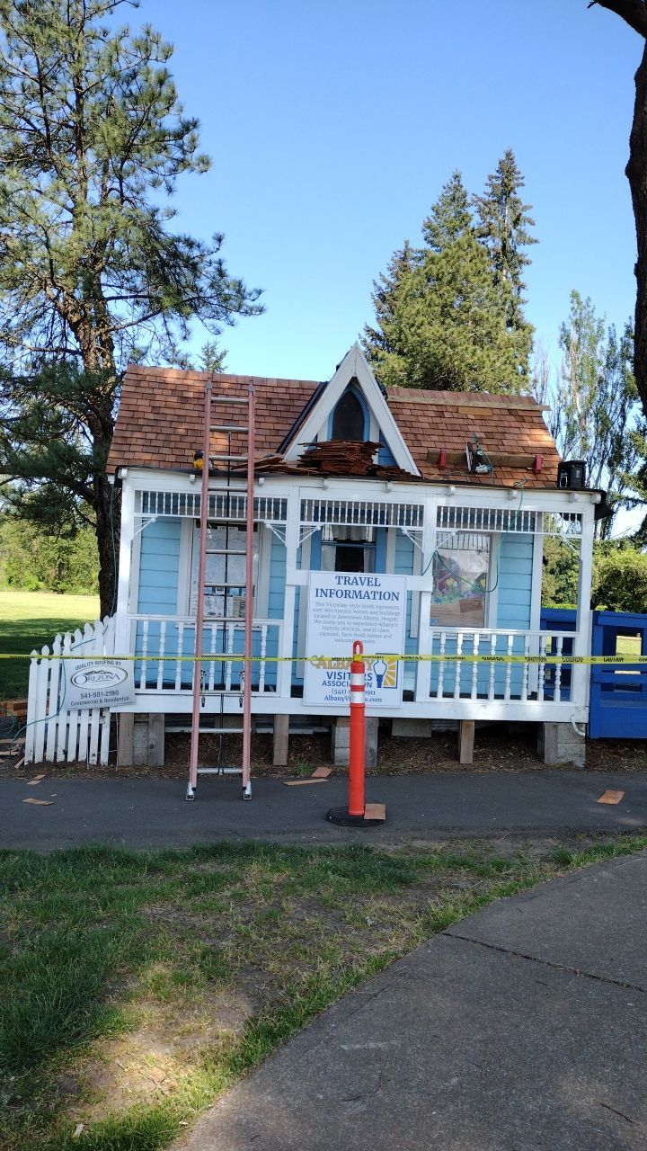Cedar Shake Install using #1 Blue Label Cedar Shingles for the Albany Visitors Association  by Orezona Building & Roofing Company, Inc.
