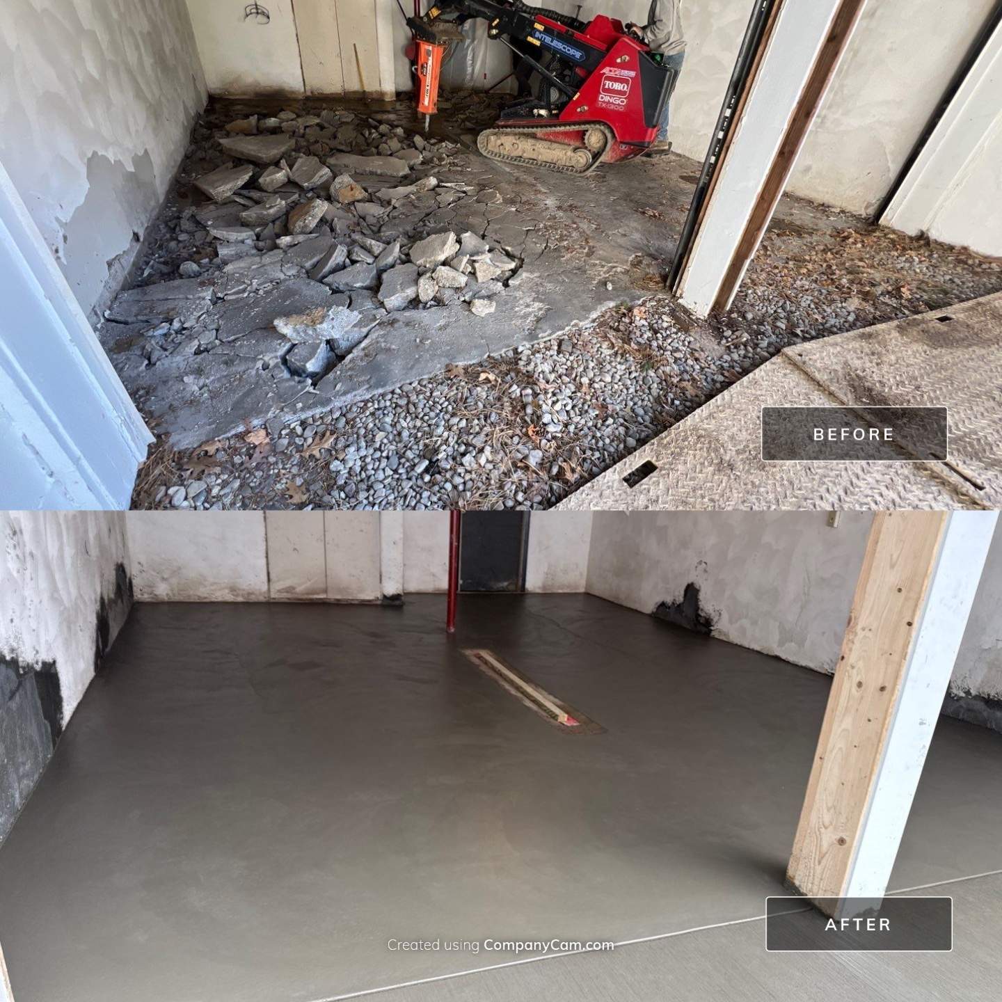 Concrete garage floor replacement with a broom finished apron and wall repair by NG Masonry & Construction LLC