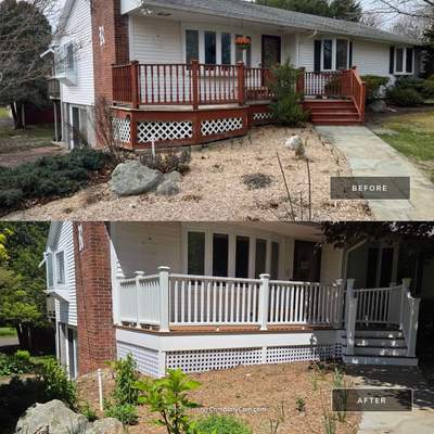 Deck Replacement, Trex Tiki torch boards, with White composite railing and lattice. 