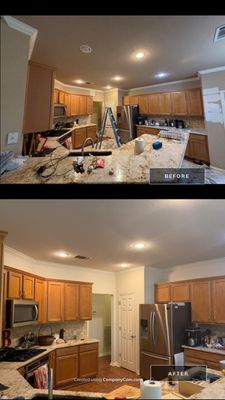 Before and after photo of a kitchen repaint by Hill Country Painting in Cedar Park, TX