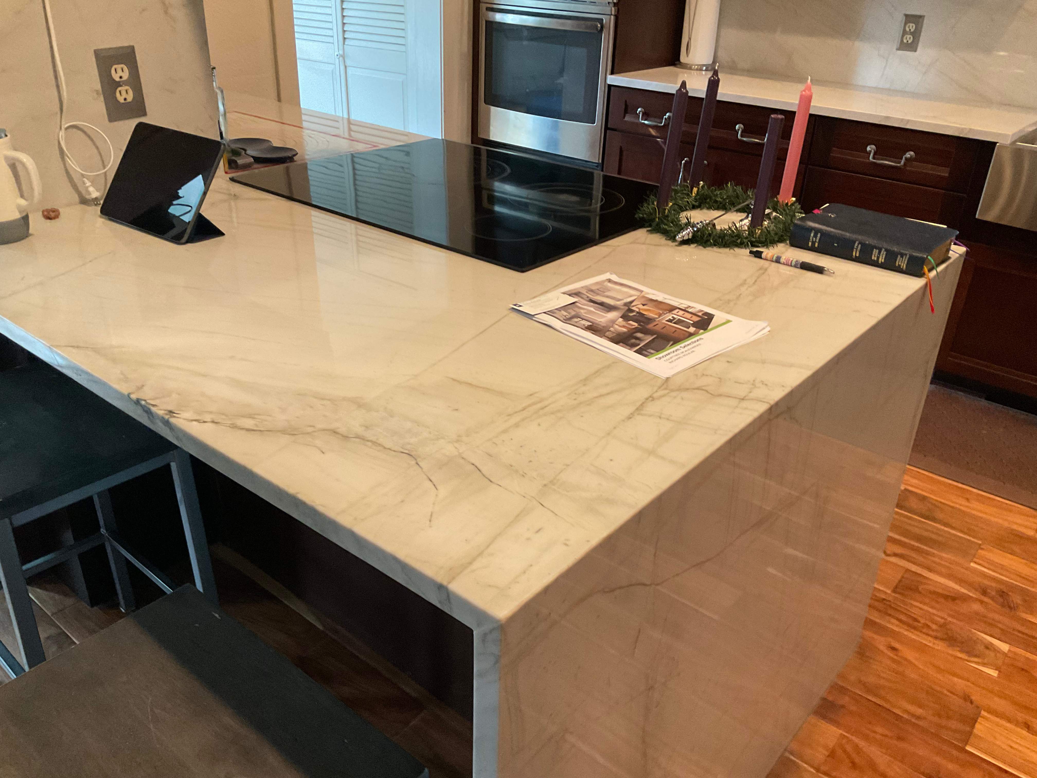 San Antonio Kitchen and Bathroom Remodel Featuring Marble-Patterned Tiles by Mena stone surfaces