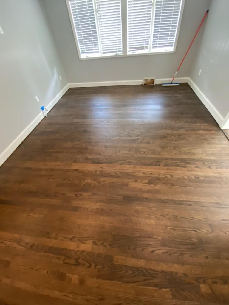 Sand & Refinish Red Oak with Duraseal Jacobean and Bona Mega Satin Finish using Dureaseal Jacobean and Bona Mega by Footprints Floors Morristown
