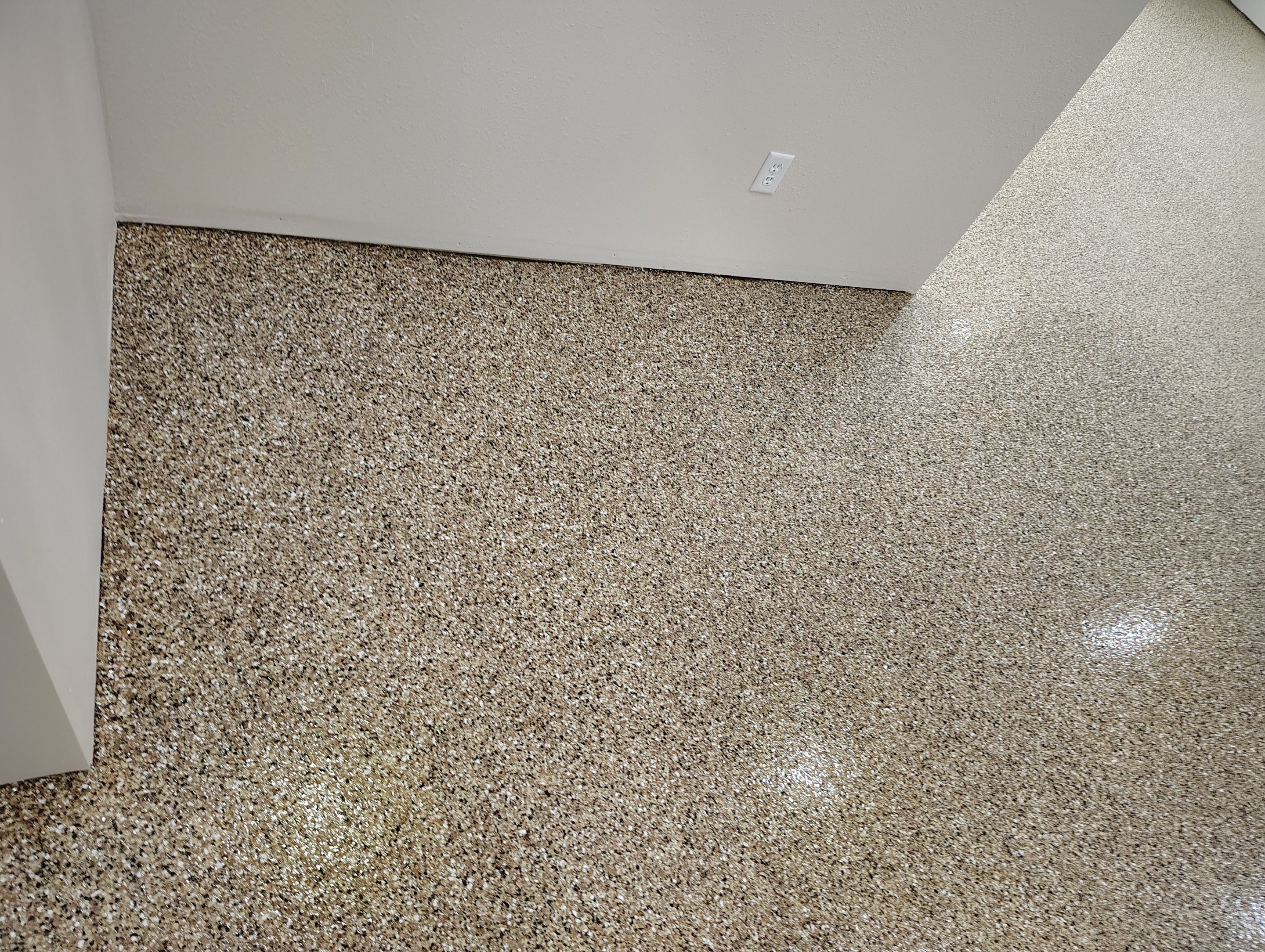 Durable Epoxy Flake Floor Coating for Commercial Workshop by Select Painting, Coatings & Garage Cabinets