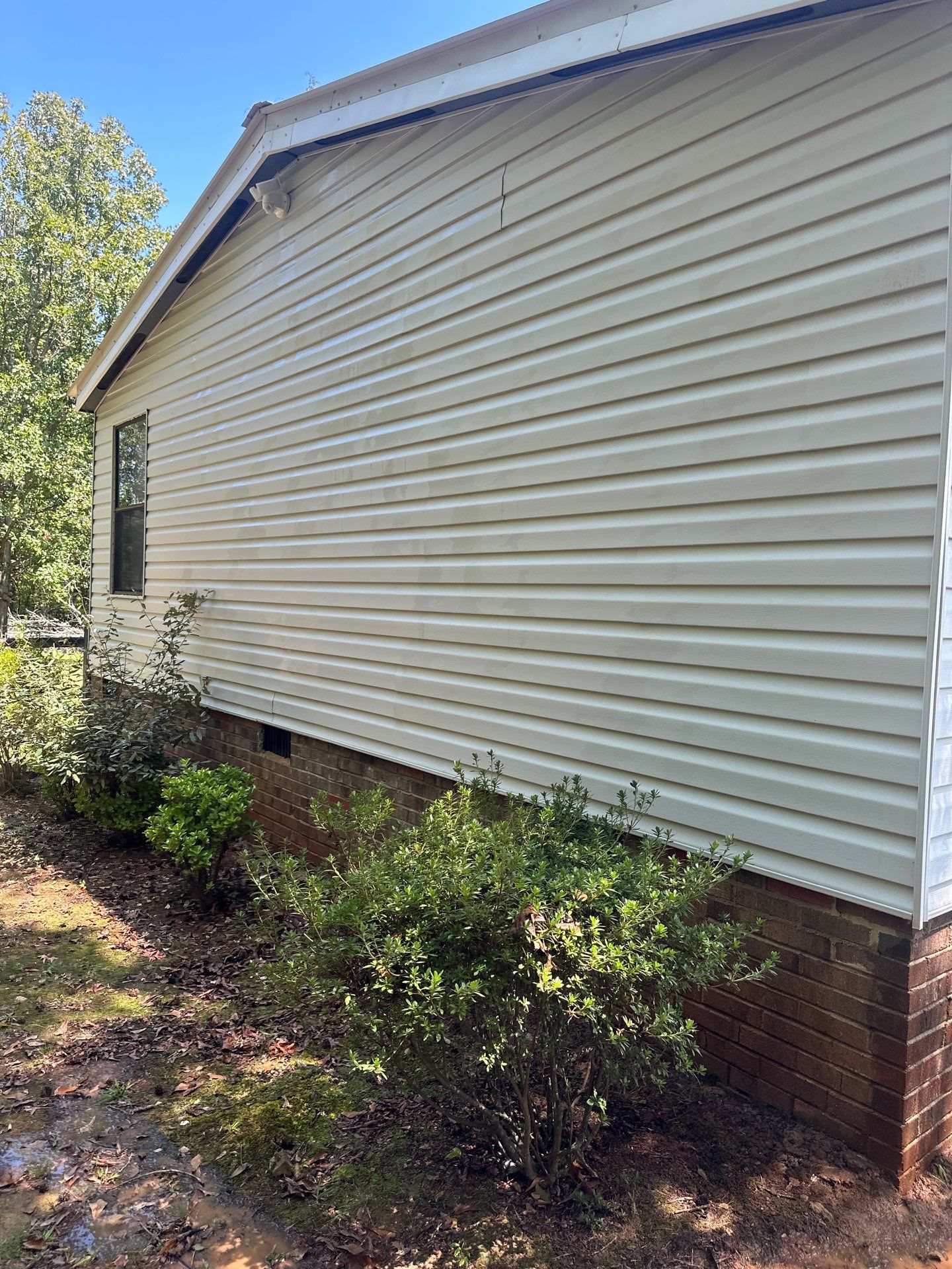 the service being performed is cleaning the siding and brick at the side of a house using pressure washing techniques