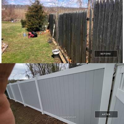 Vinyl privacy fence 6' tall, 2 tone White and Gray.