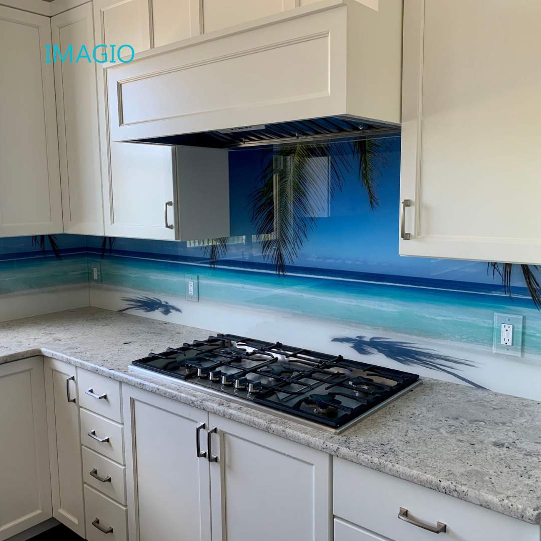 Kitchen Remodel using IMAGIO Mountains & Tropics Solid Glass Backsplash by IMAGIO