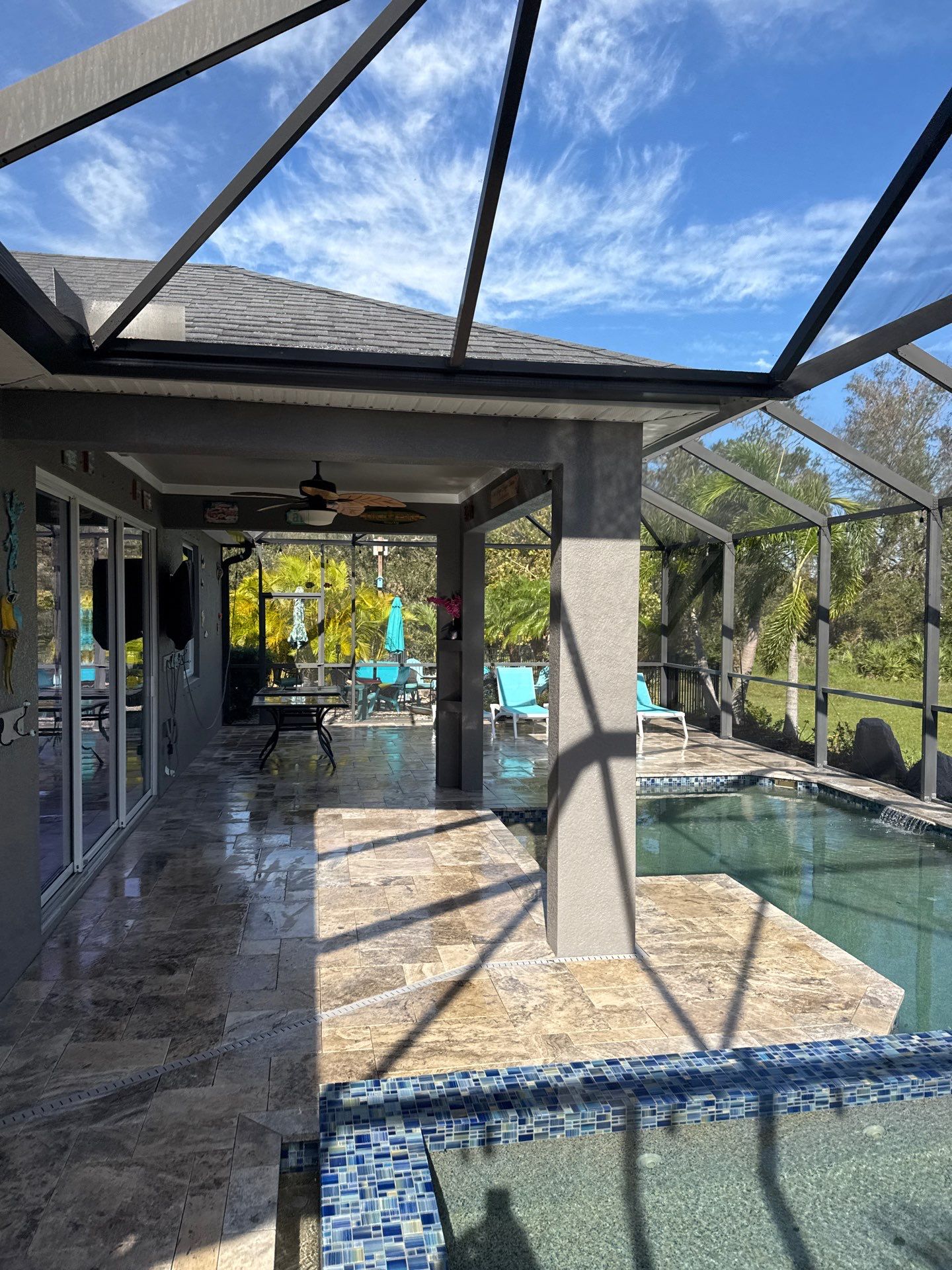 Travertine Pool Deck and Screen Enclosure Cleaning in Ellenton, FL | Oakleaf Hammock Community by Sunshine AquaWash