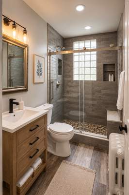Warm Contemporary Full Bathroom Remodel - Gwynn Oak, MD