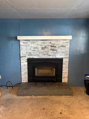 Wood Stove Insert + Stone + Mantel