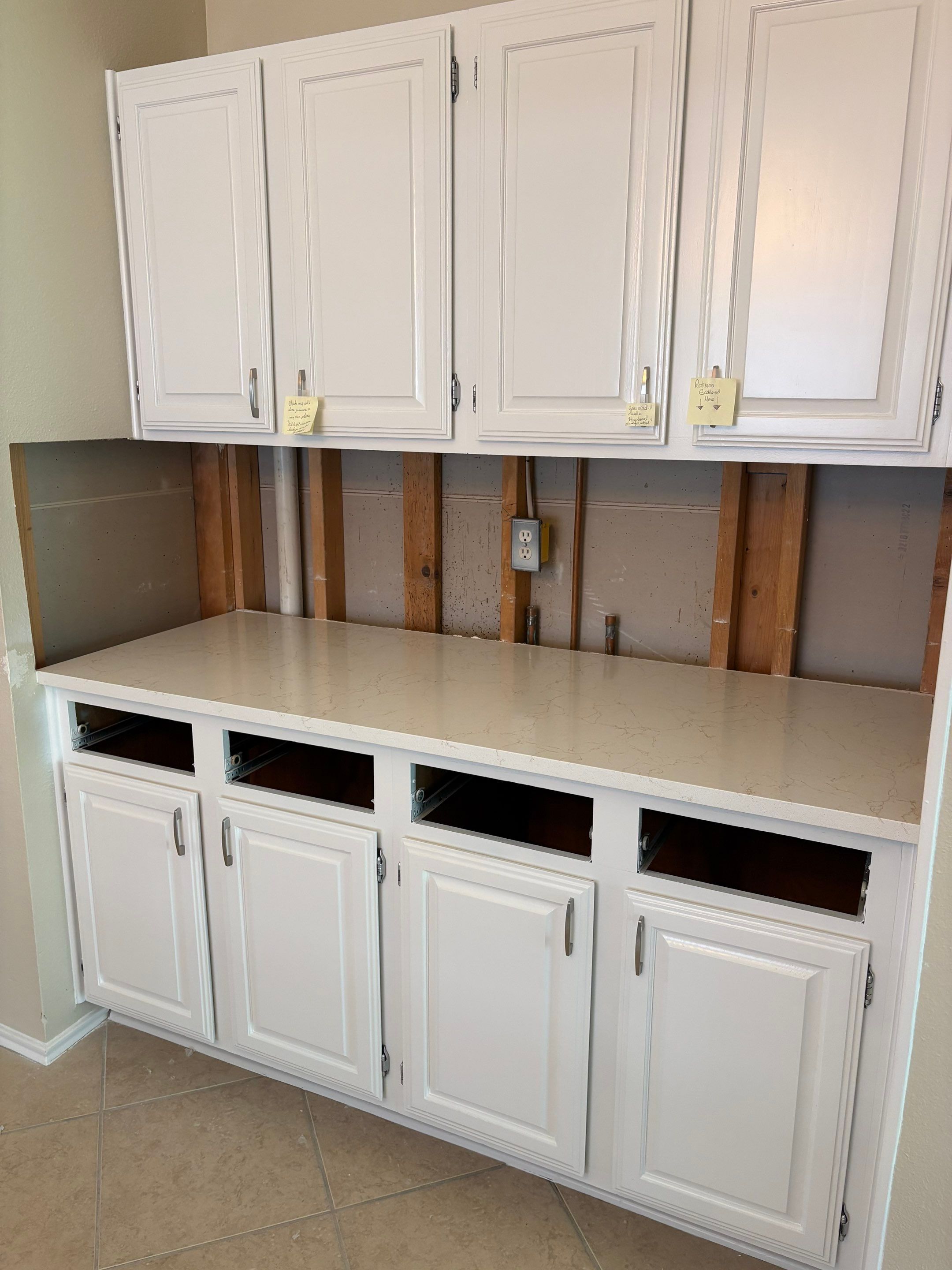 Removed the old stone bulky look for a new fresh upgrade with new Quartz countertops by Mena stone surfaces