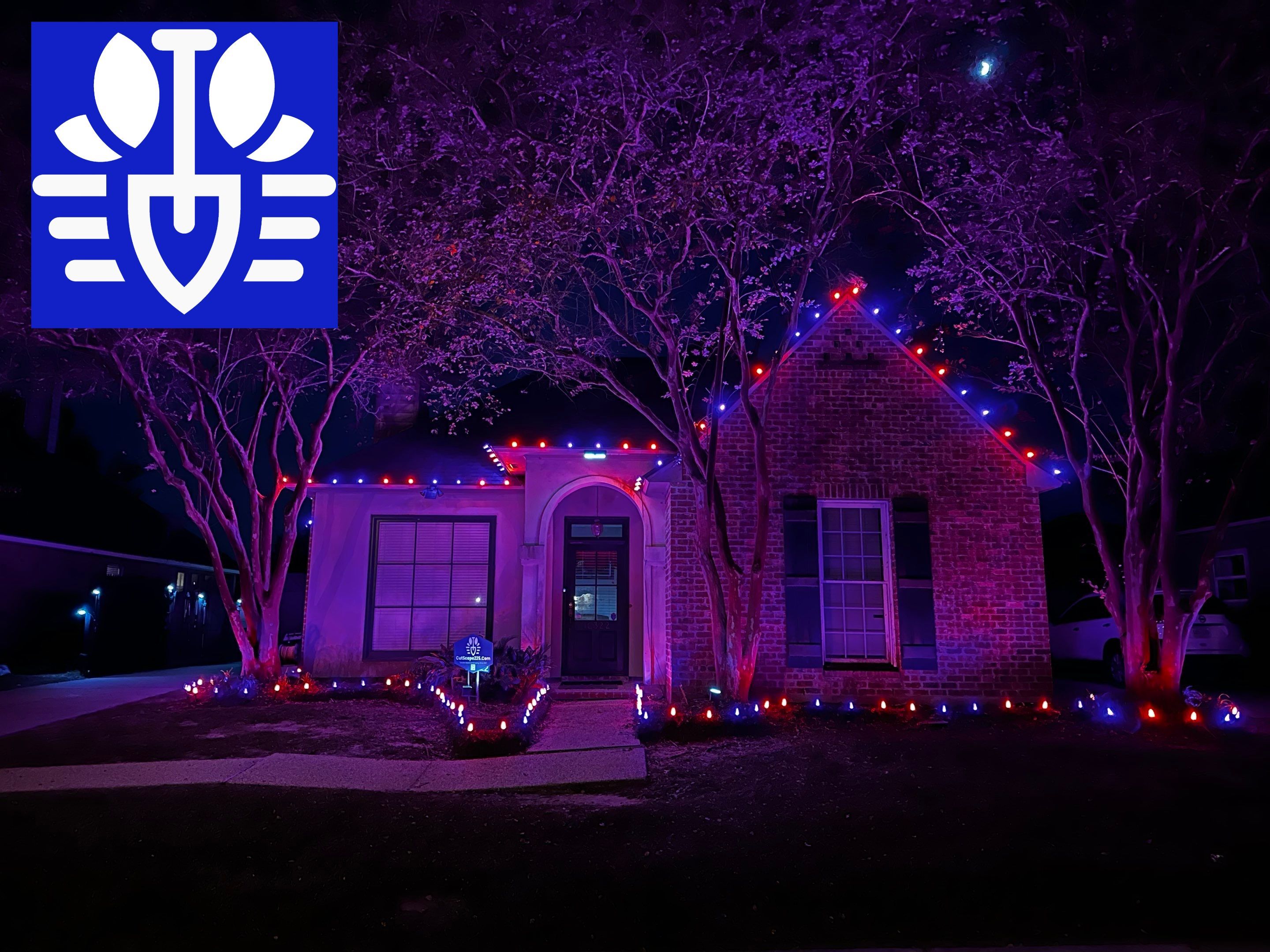 HOLIDAY LIGHTING using ROOFLINE PERIMETER LIGHTING: HALLOWEEN THEME WITH ORANGE AND PURPLE BULBS by CutScape, LLC.