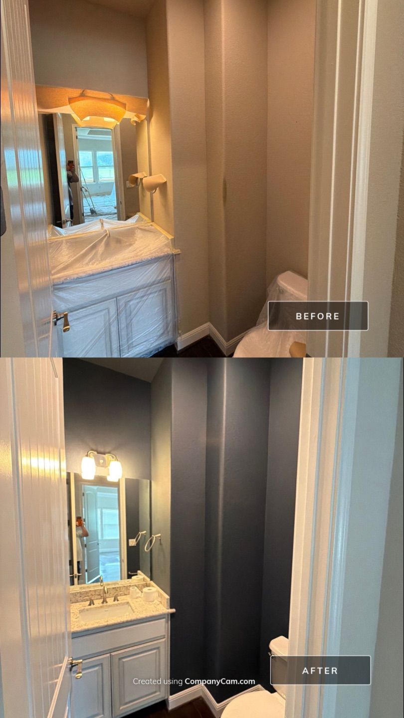 Before and after photo of a secondary bathroom repainted by Hill Country Painting in Driftwood, TX