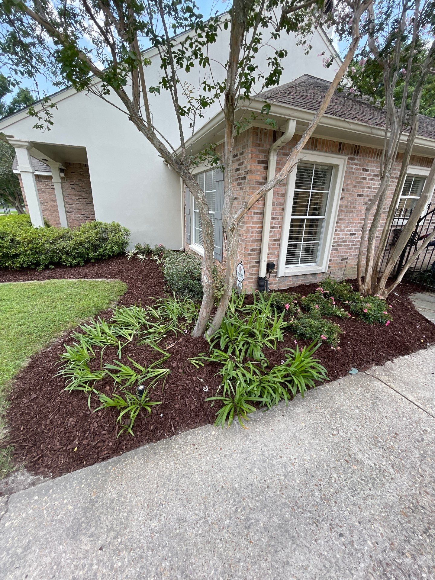 LANDSCAPE SERVICES: DEMO / BED PREP / CUT IN BED EDGES / MULCH INSTALL using BROWN MULCH "BARK BRITE" & ROAD ROCK by CutScape, LLC.