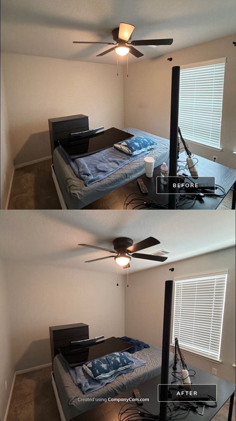 Before and after photo of a bedroom repainted by Hill Country Painting in Leander, TX