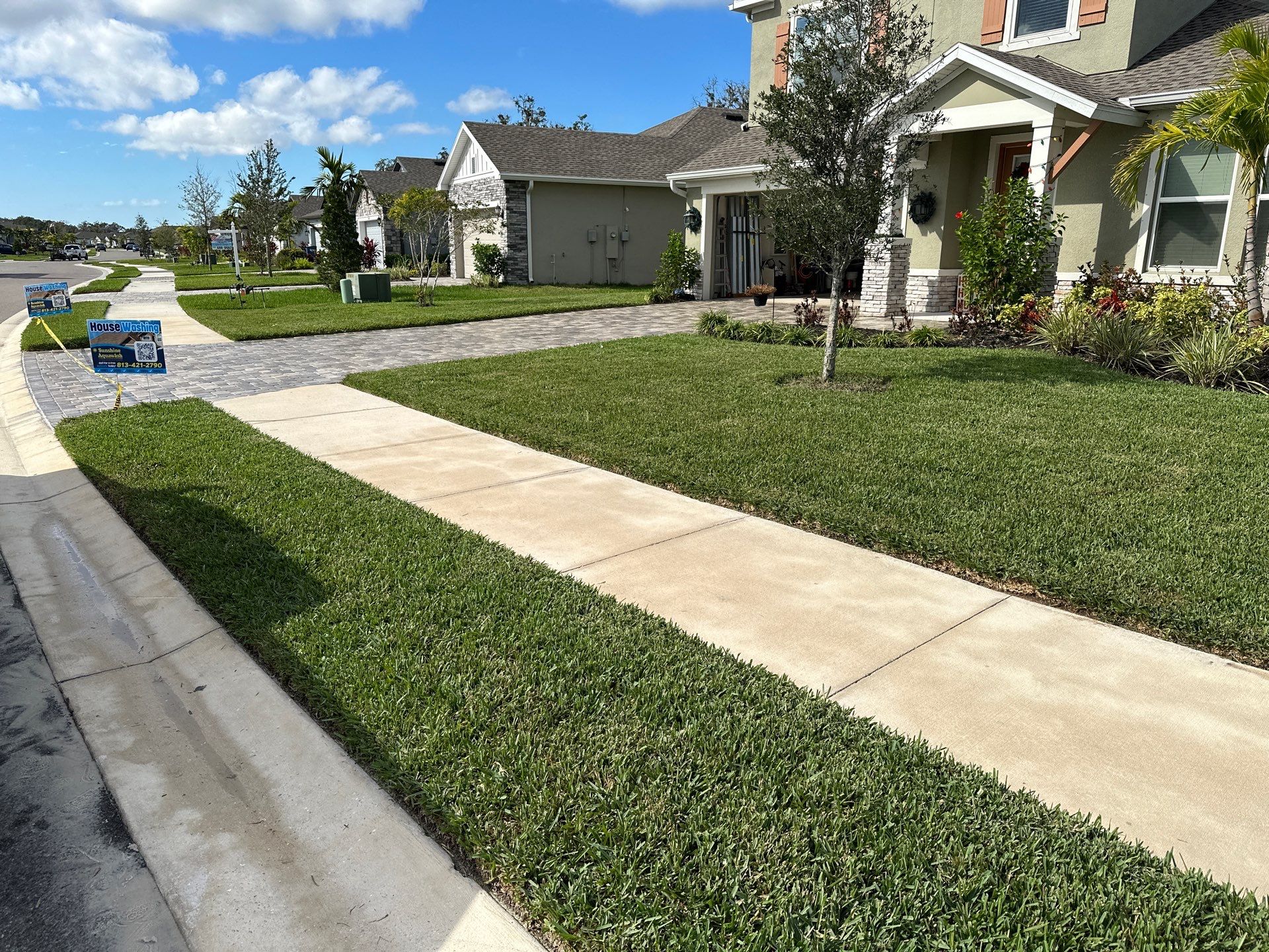 House Wash, Paver Driveway & Sidewalk Cleaning + Sanding & Sealing in Trevesta Community, Palmetto, FL by Sunshine AquaWash