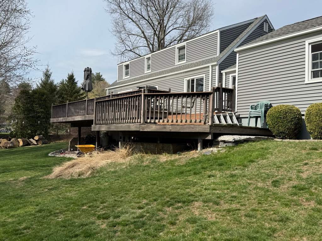 Deck replacement using Trex Select Pebble Gray and transcend White railing. by DiGiorgi Roofing and Siding Inc