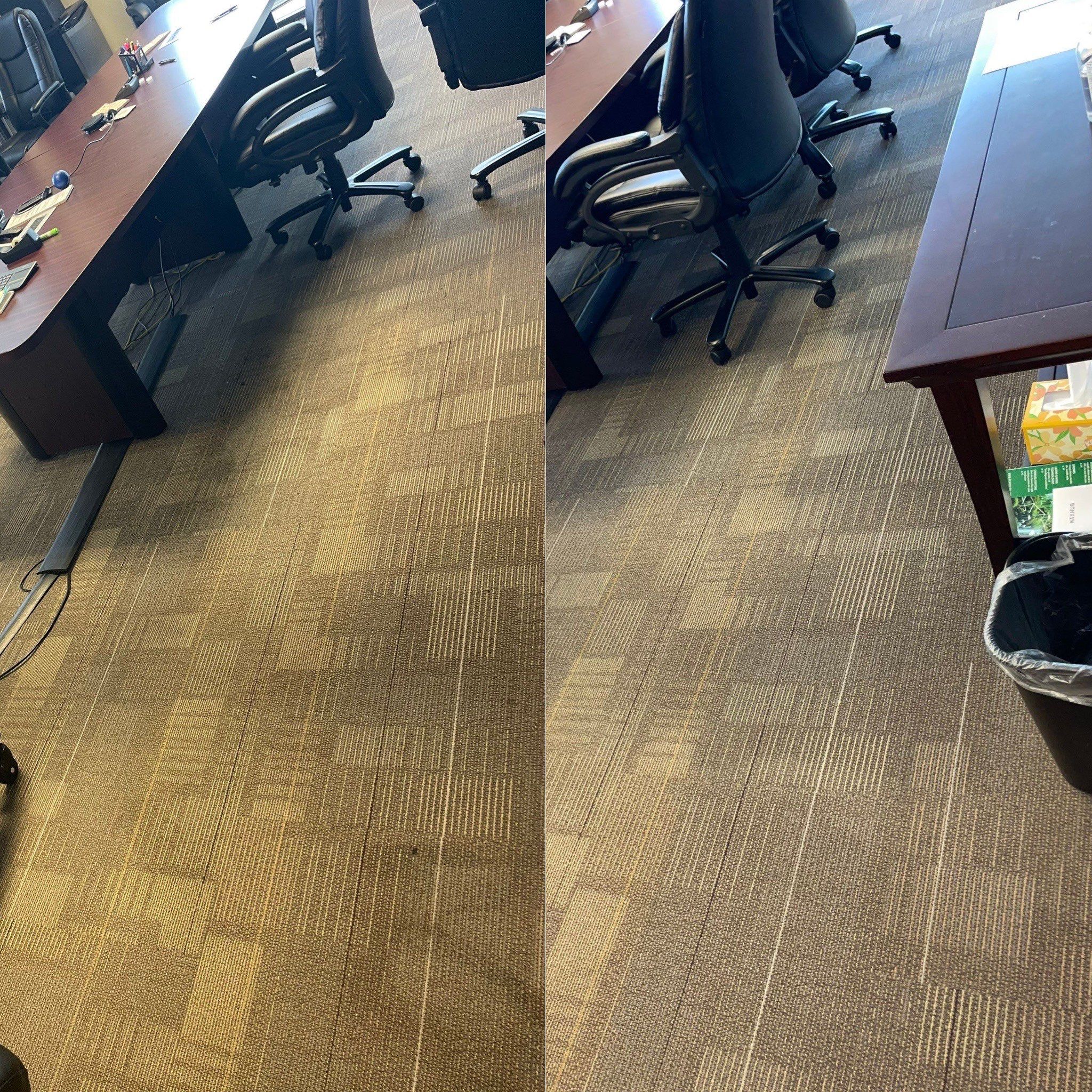 office carpet being cleaned by carpet cleaning company the carpet appears much cleaner and brighter after the cleaning