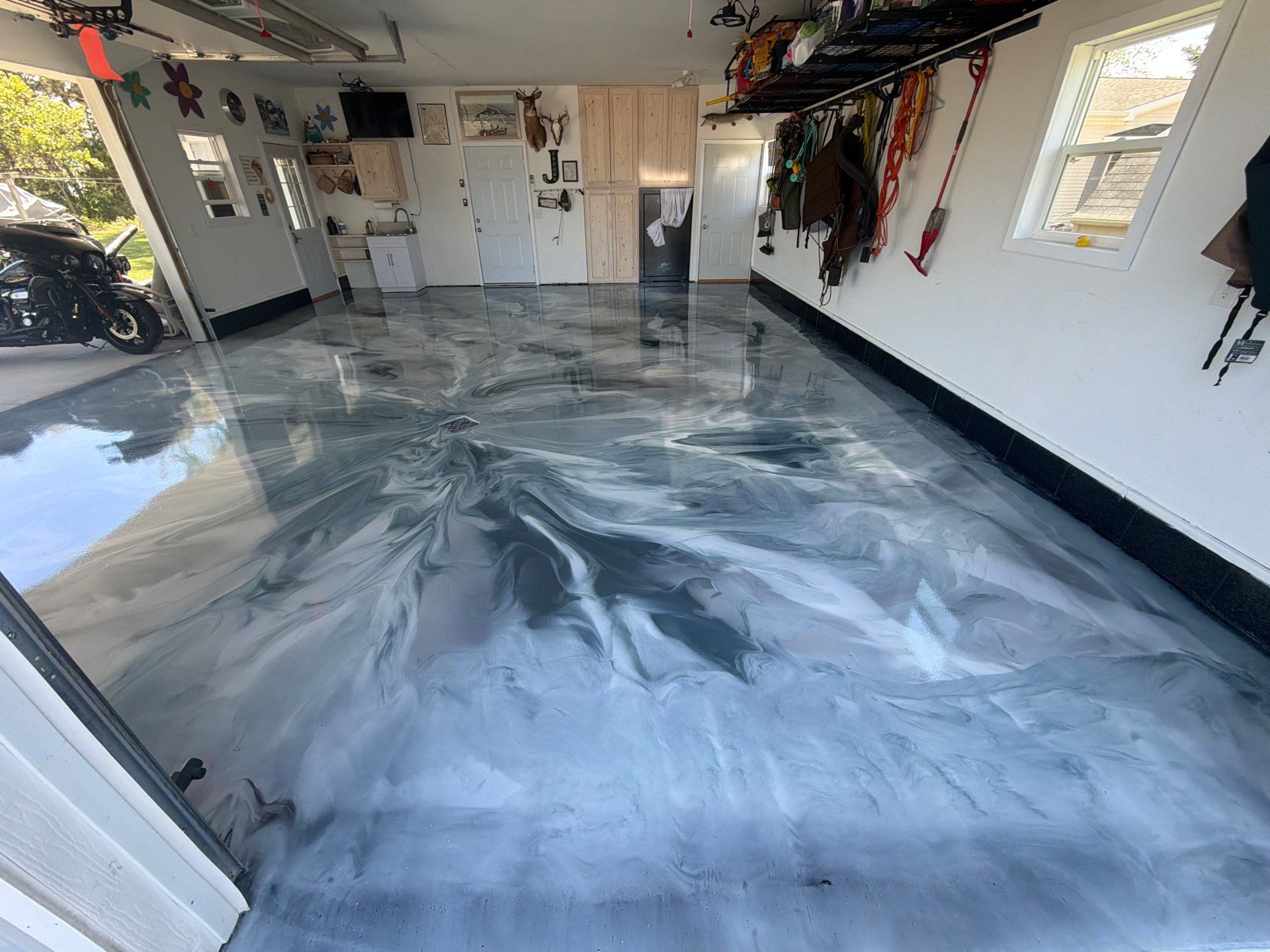Custom Metallic Epoxy Floor and Polished Countertop Installation in Mears by Gordon Painting
