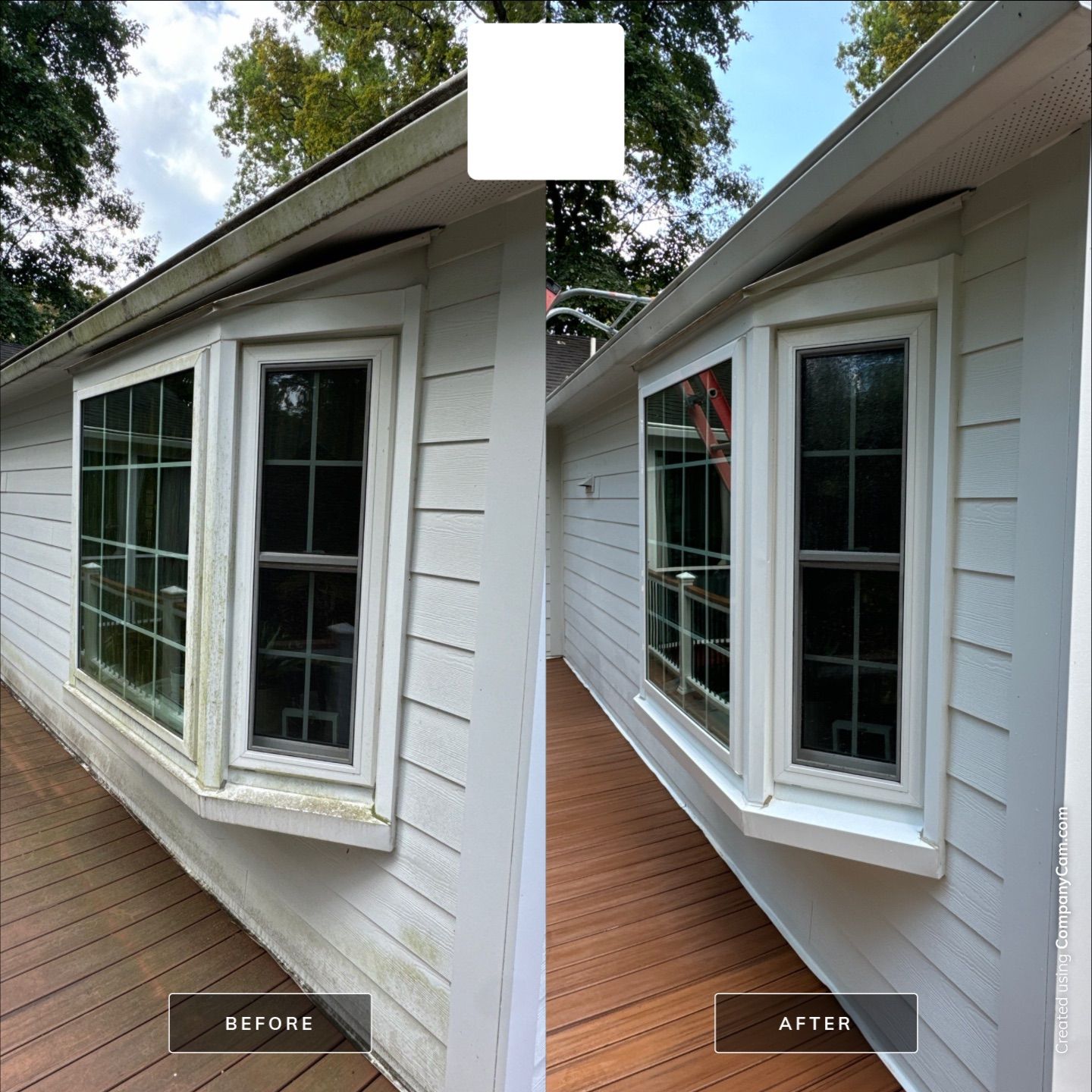 house siding and deck being pressure washed to remove dirt and grime resulting in cleaner surfaces and improved appearance