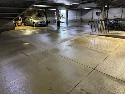 Parking garage cleaning using Hot water