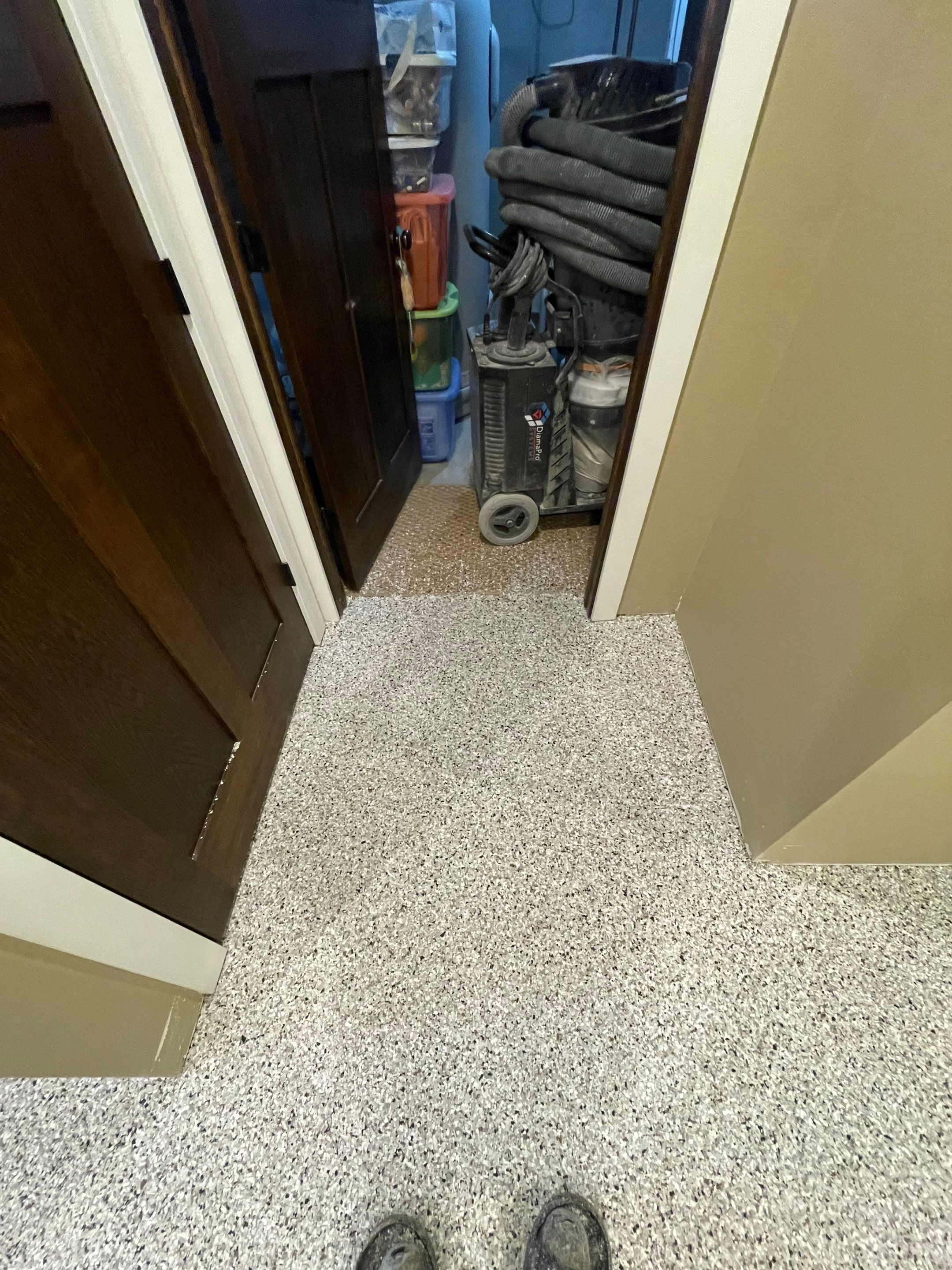 Decorative Flake Concrete Floor Coating for Larchwood Basement by Select Painting, Coatings & Garage Cabinets