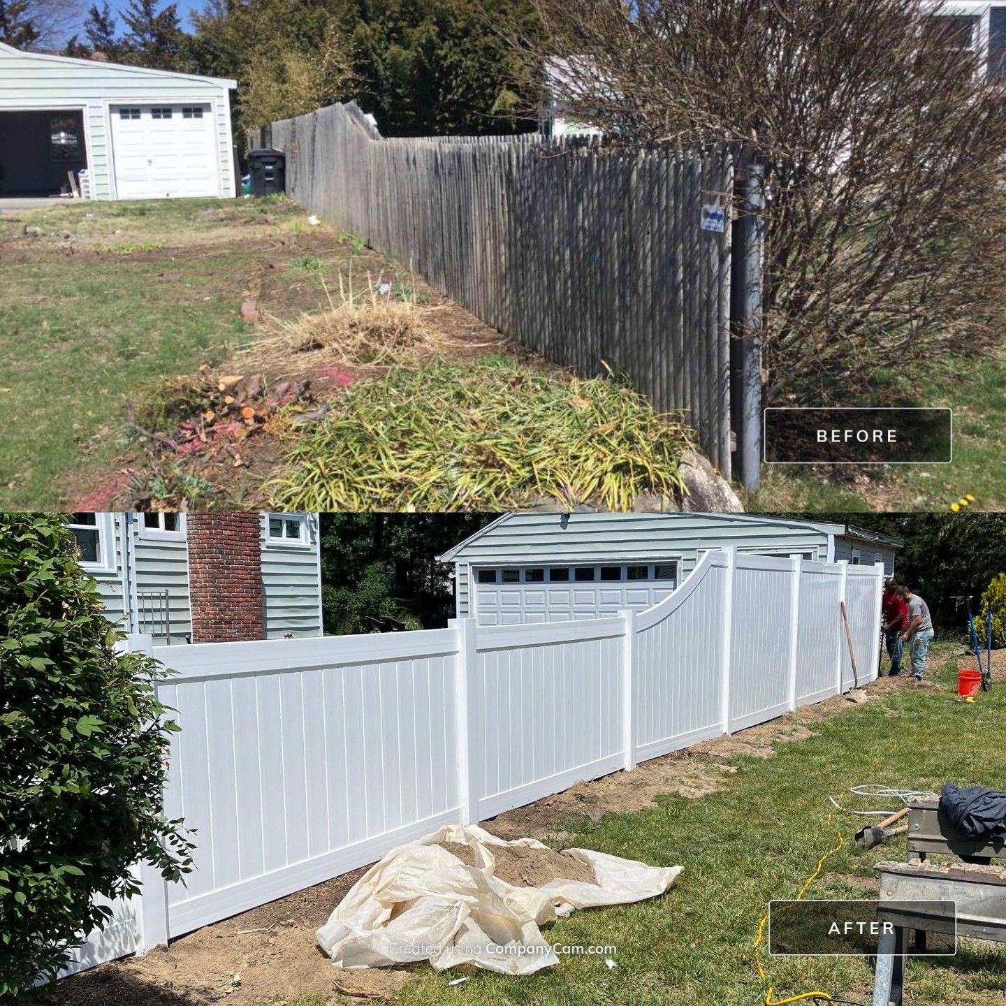 Replacement Vinyl Privacy fence with Transition piece in White by DiGiorgi Roofing and Siding Inc
