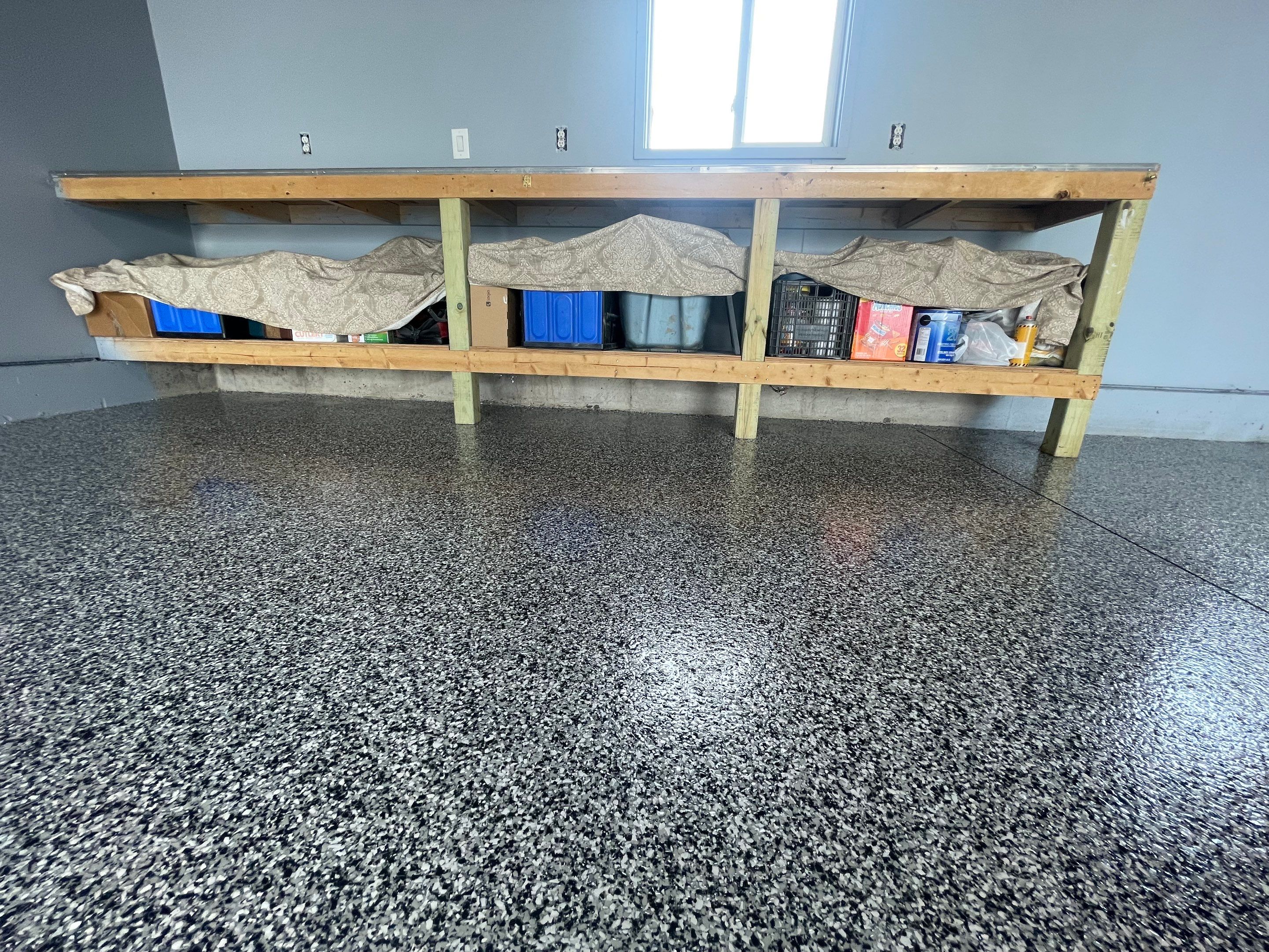 Grey Granite-Style Garage Floor Coating and Stairs in Hartford by Select Painting, Coatings & Garage Cabinets