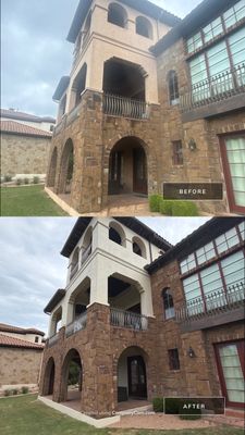 Before and after photo of a home exterior tower repainted white by Hill Country Painting in Lakeway, TX