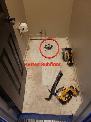 Repair Subfloor, Install Flooring, Flange, Baseboard & Toilet