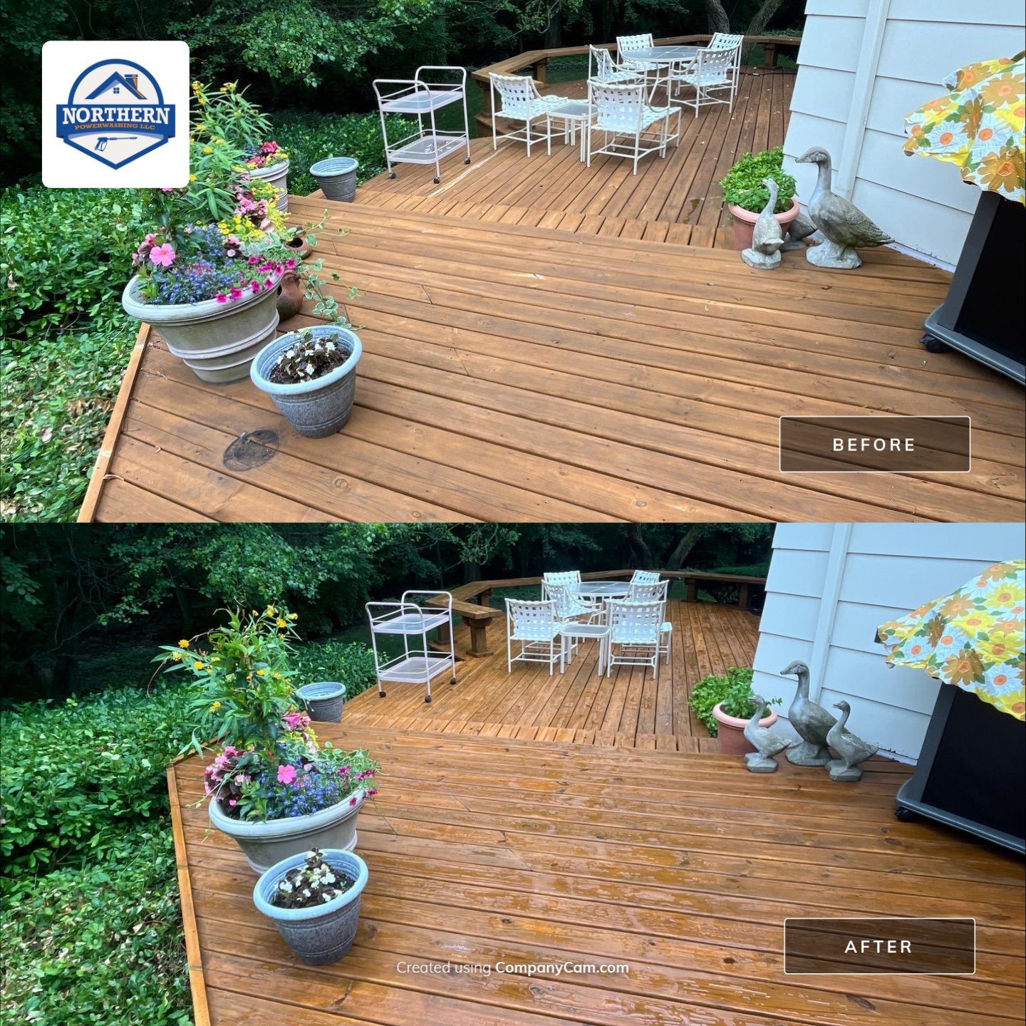 Wood cleaning and staining using Algaecide, soft wash soap by Northern Power Washing LLC.