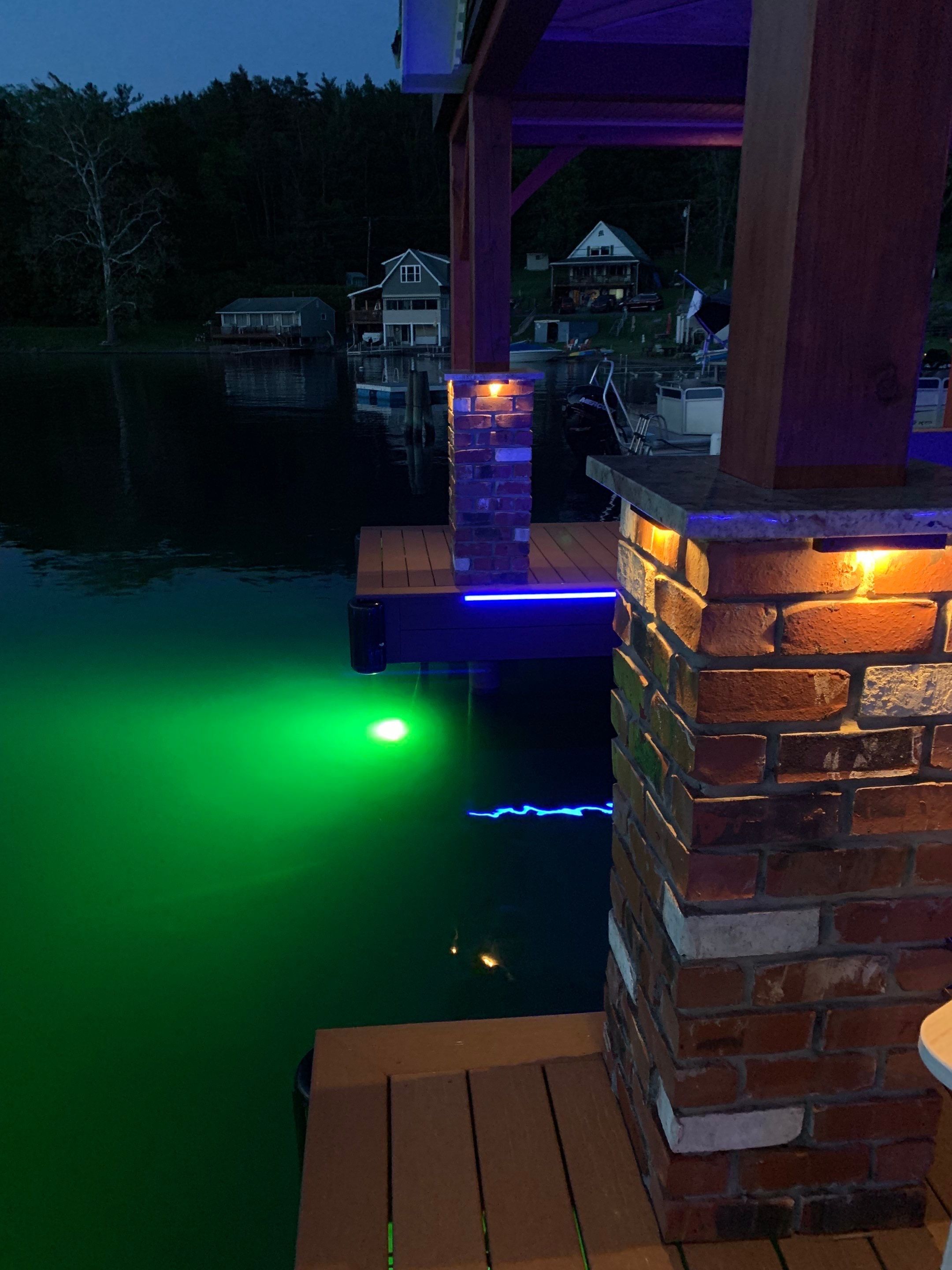 Custom Timber-Framed Boat Dock with Multi-Color LED Lighting on Keuka Lake, New York by Outdoor Lights + Shades
