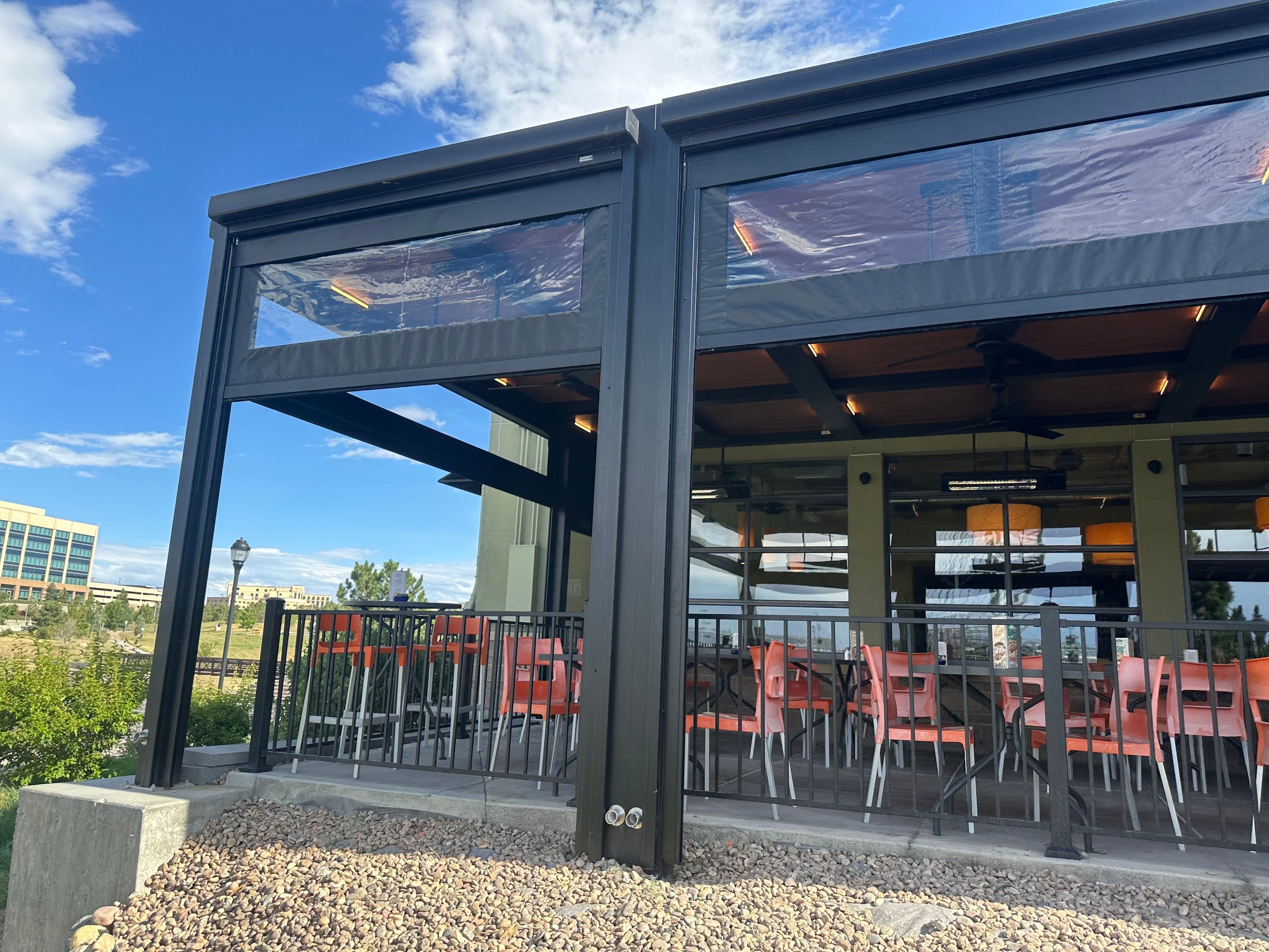 Commercial Azenco Pergola and MagnaTrack Screen Installation in Lone Tree by Outdoor Solutions Colorado