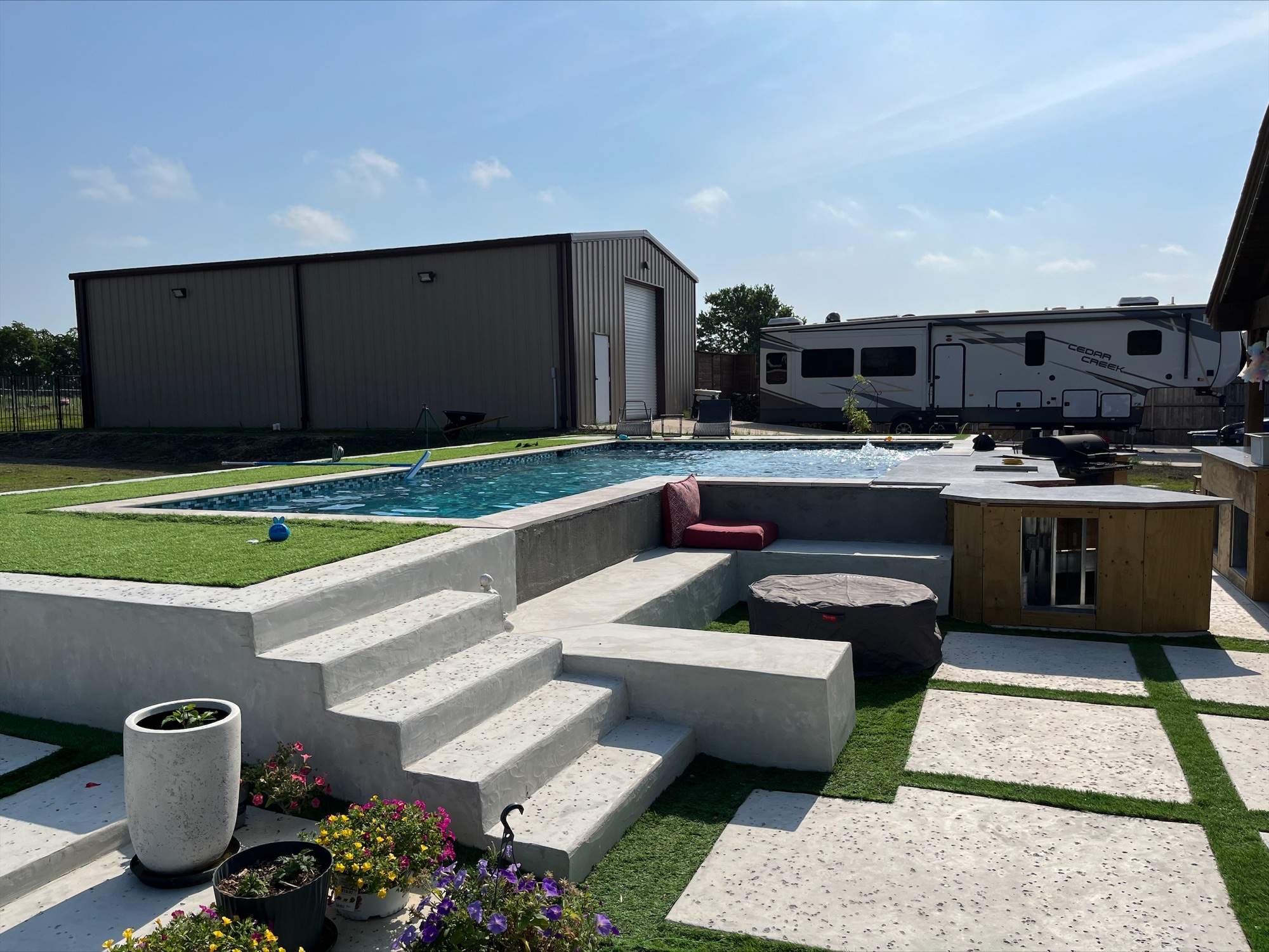 Modern Geometric Pool with Sunken Lounge and Turf Surround by Pinnacle Pools and Spas - DFW