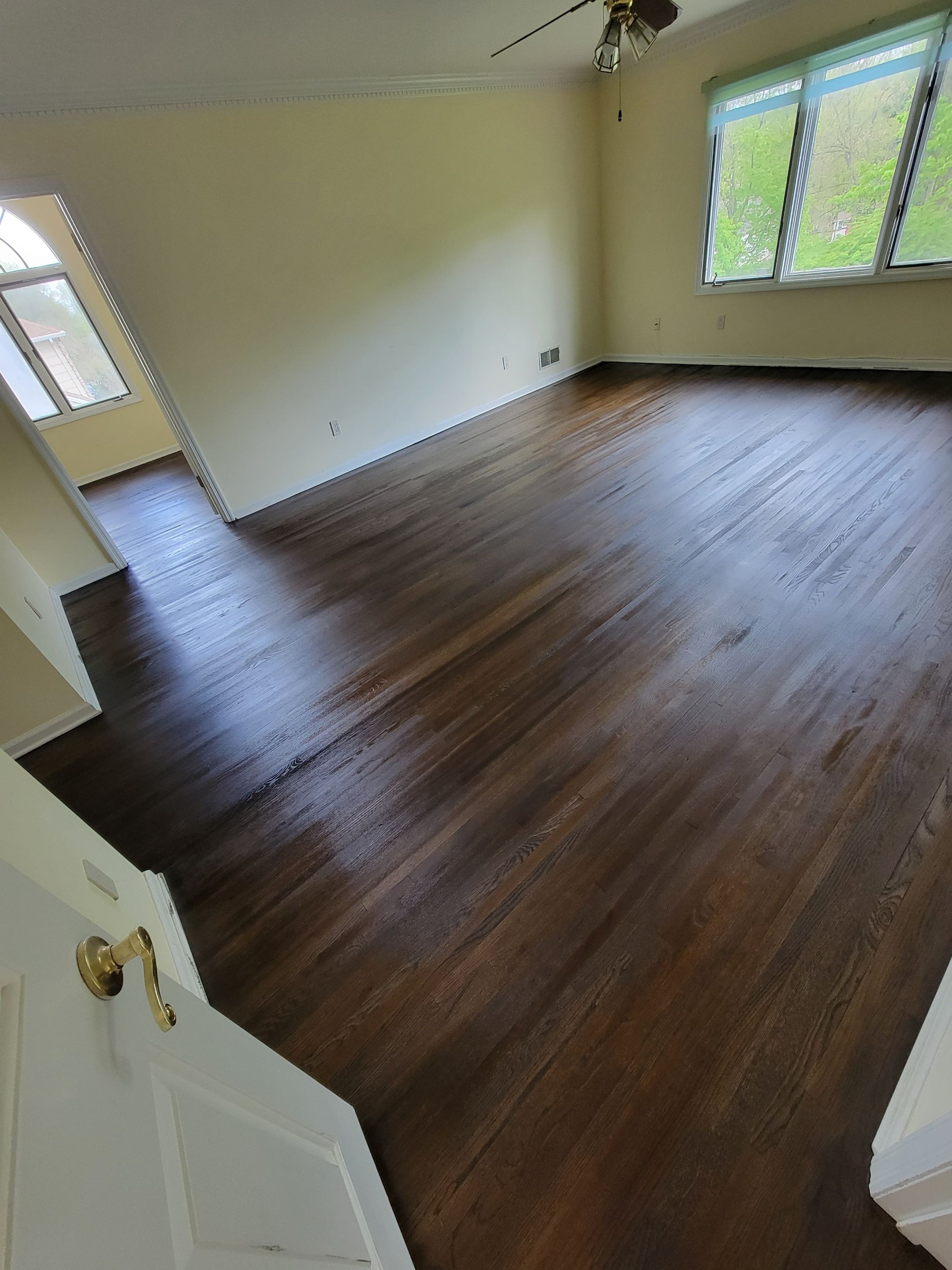 Red Oak refinished with DuraSeal Jacobean Stain and Bona Semi Gloss by Footprints Floors Morristown
