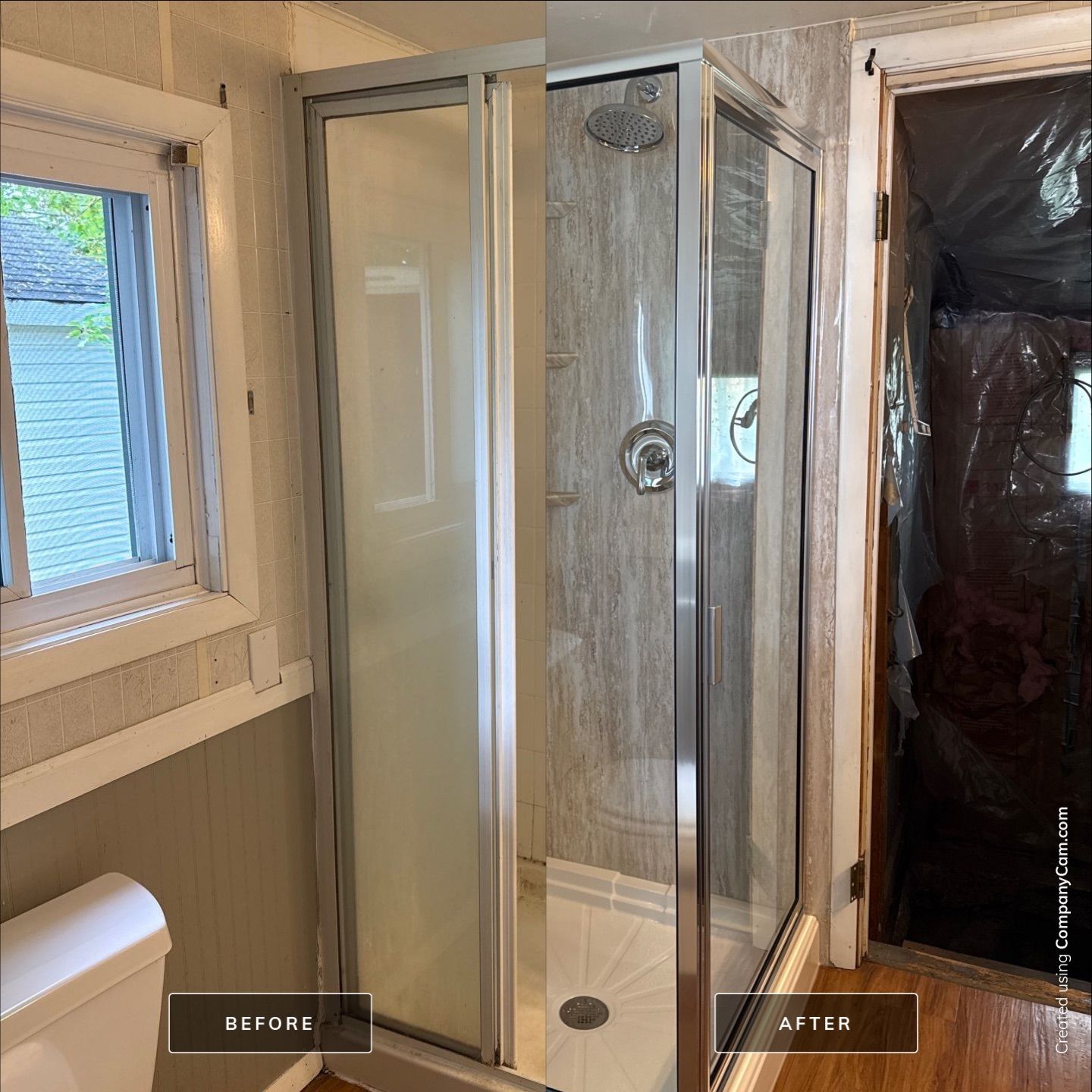 Traverse City Corner Shower Replacement With Textured Wall Panels by Rainbow Seamless Systems