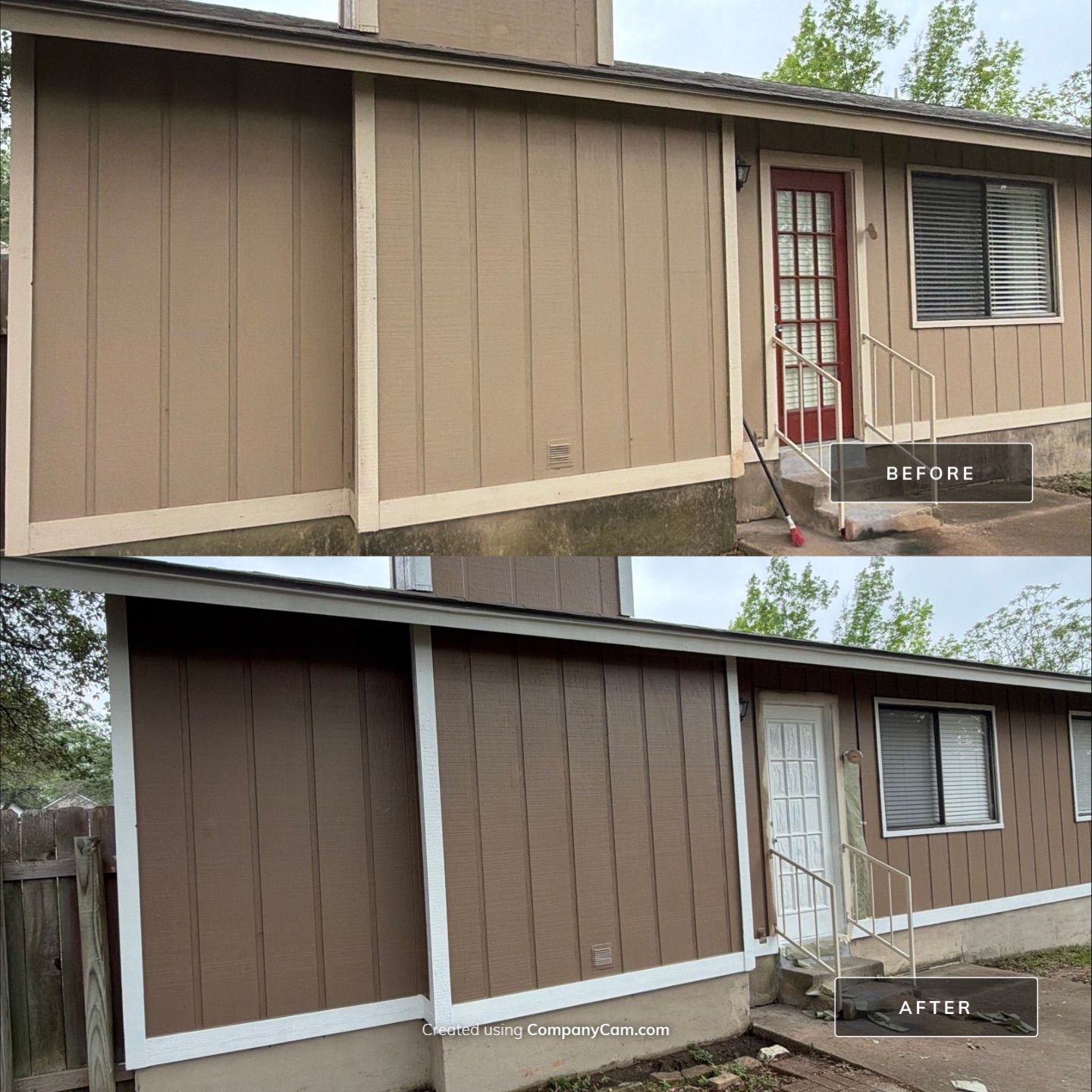 Before and after photo of a side entry door and siding repainted by Hill Country Painting in Austin, TX