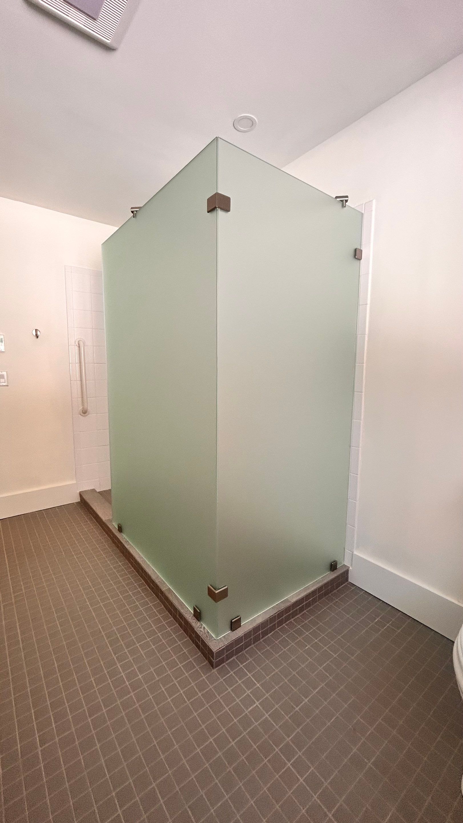 Shower using Acid Etched (Frosted) Tempered Shower Glass by Cheshire Glass Company