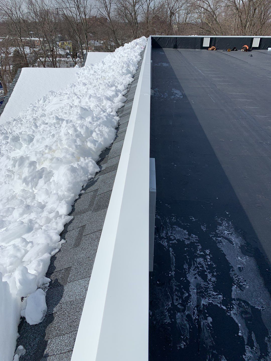 Commercial Roofing Installation using EPDM with white gutters by A Plus Exterior