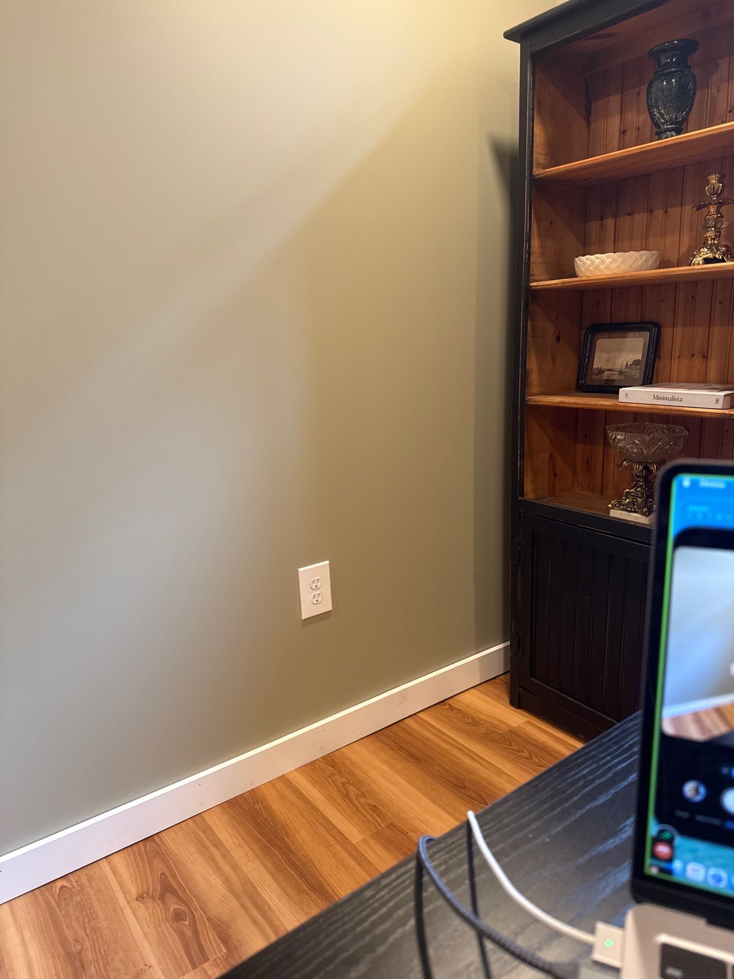 Lincoln Basement Office Renovation with Sage Green Walls and Laminate Flooring by CompanyCam Sales Demo