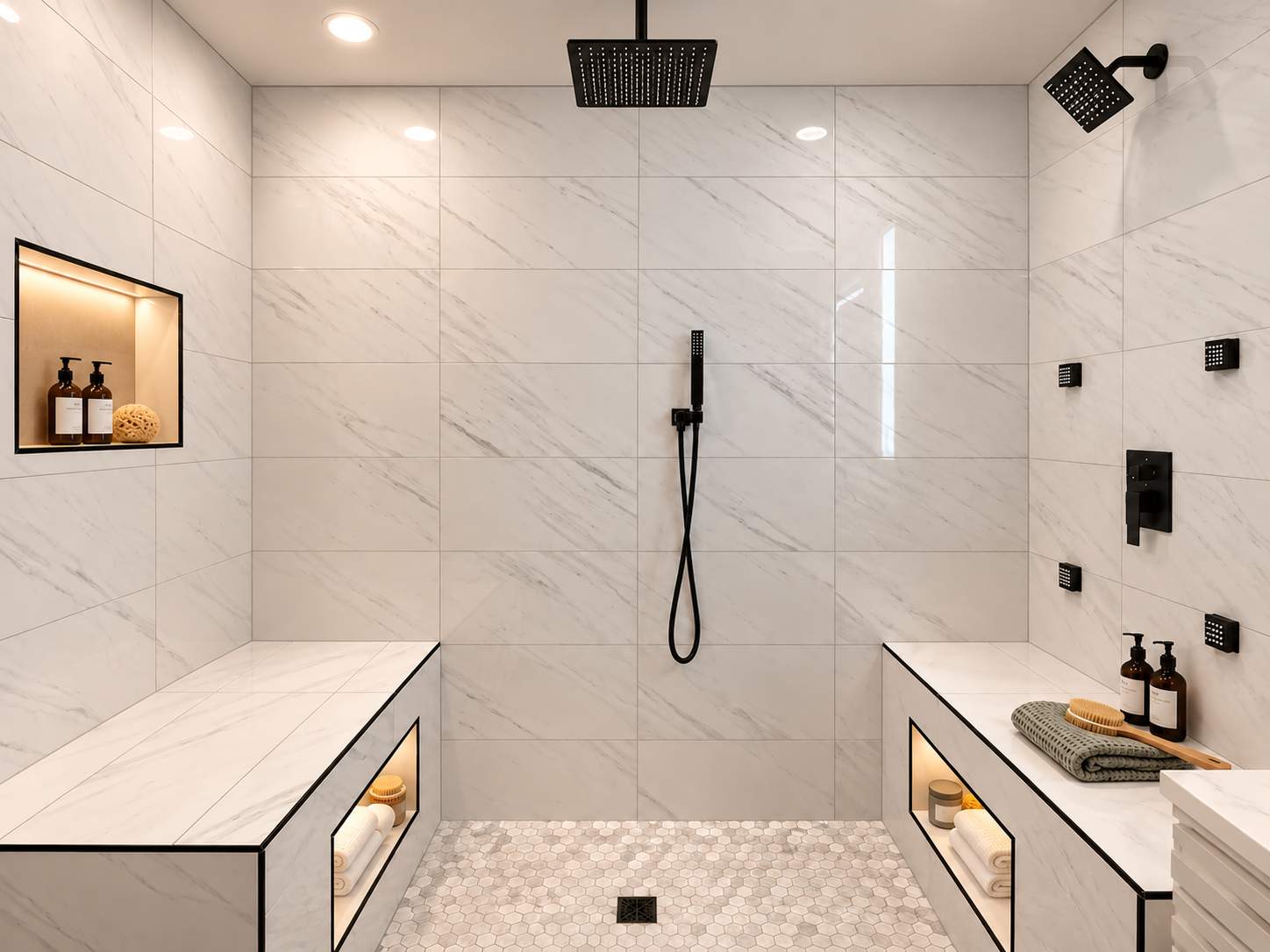 Luxury Walk-In Shower Remodel with Marble Tile & Matte Black Fixtures by Remodel Now