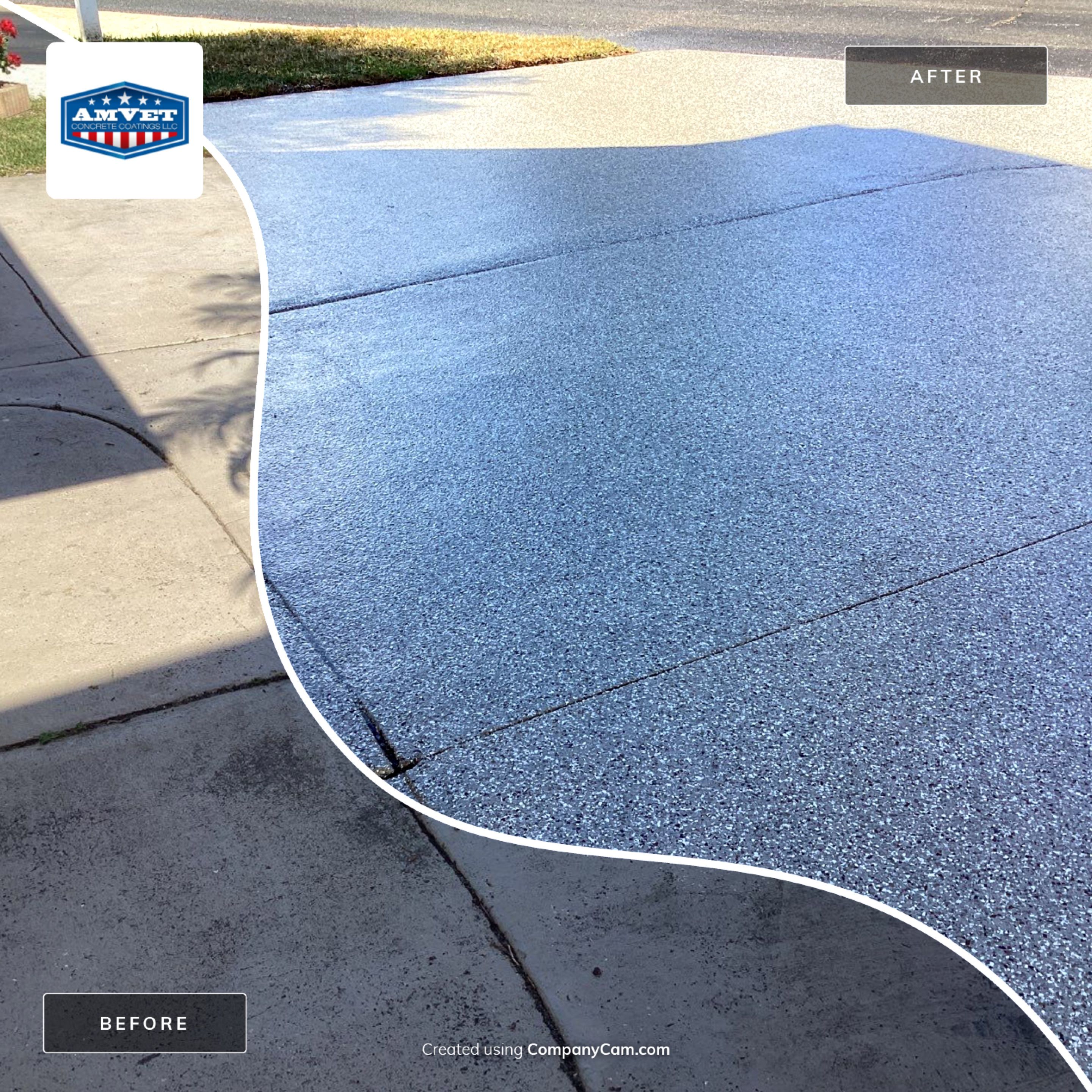 Driveway using Pebble Beach by Amvet concrete coatings llc