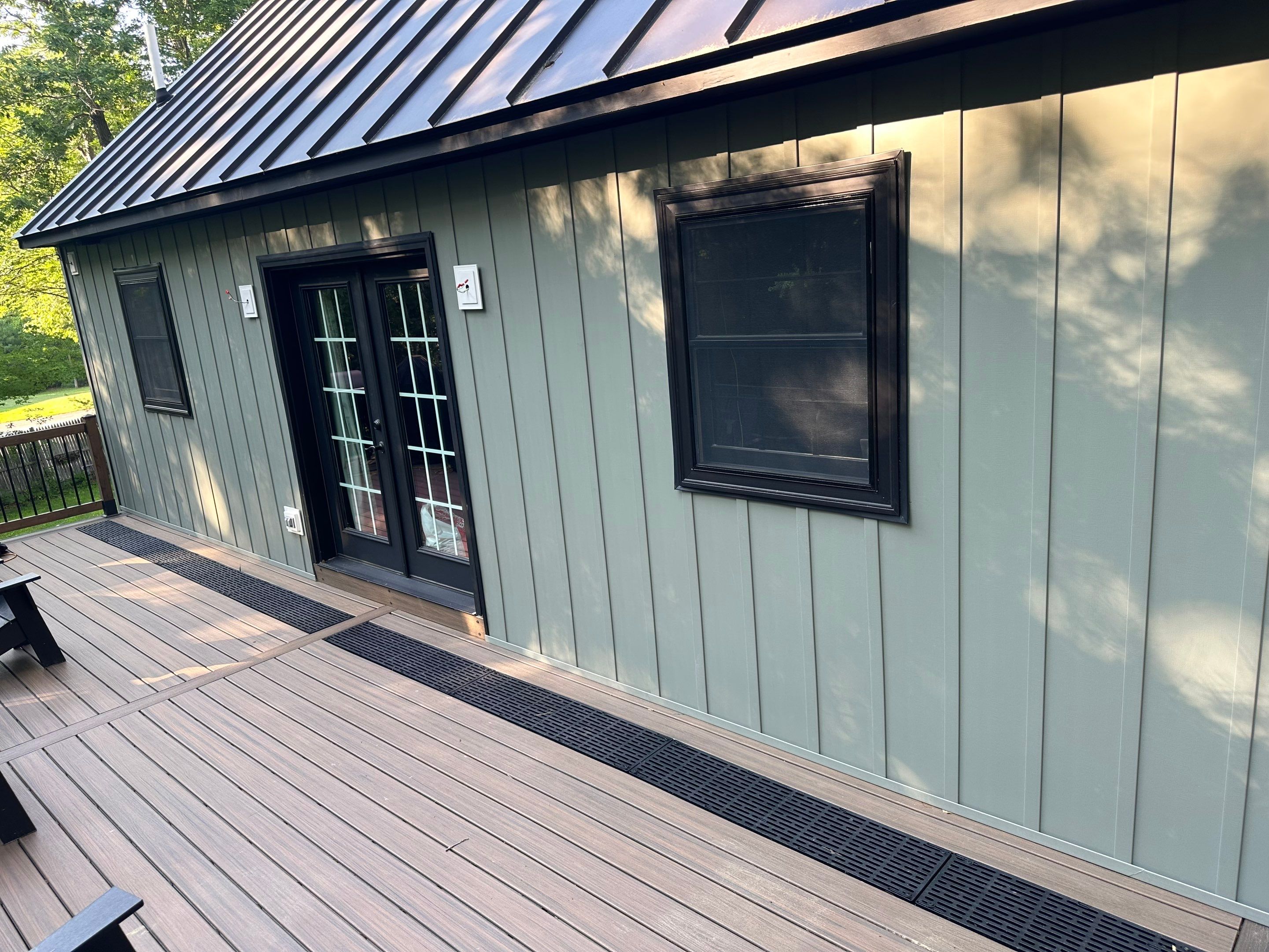 Sage Green Board and Batten Siding and Deck Upgrade in Standish by Tall pine roofing